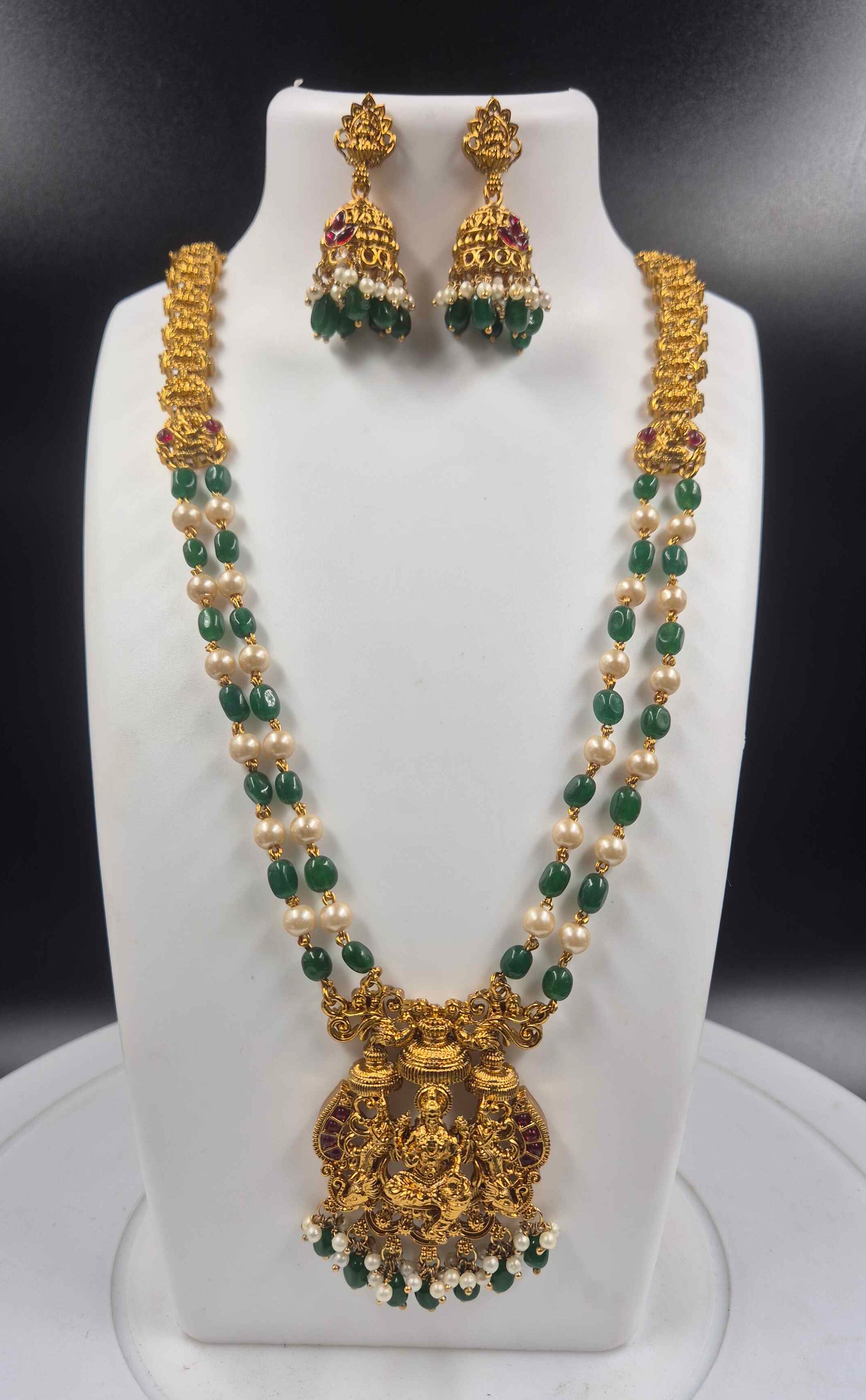 Antique Gold Lakshmi Pearl & Green Bead Haram Set | Kerala Temple Bridal Jewelry with Jhumka Earrings