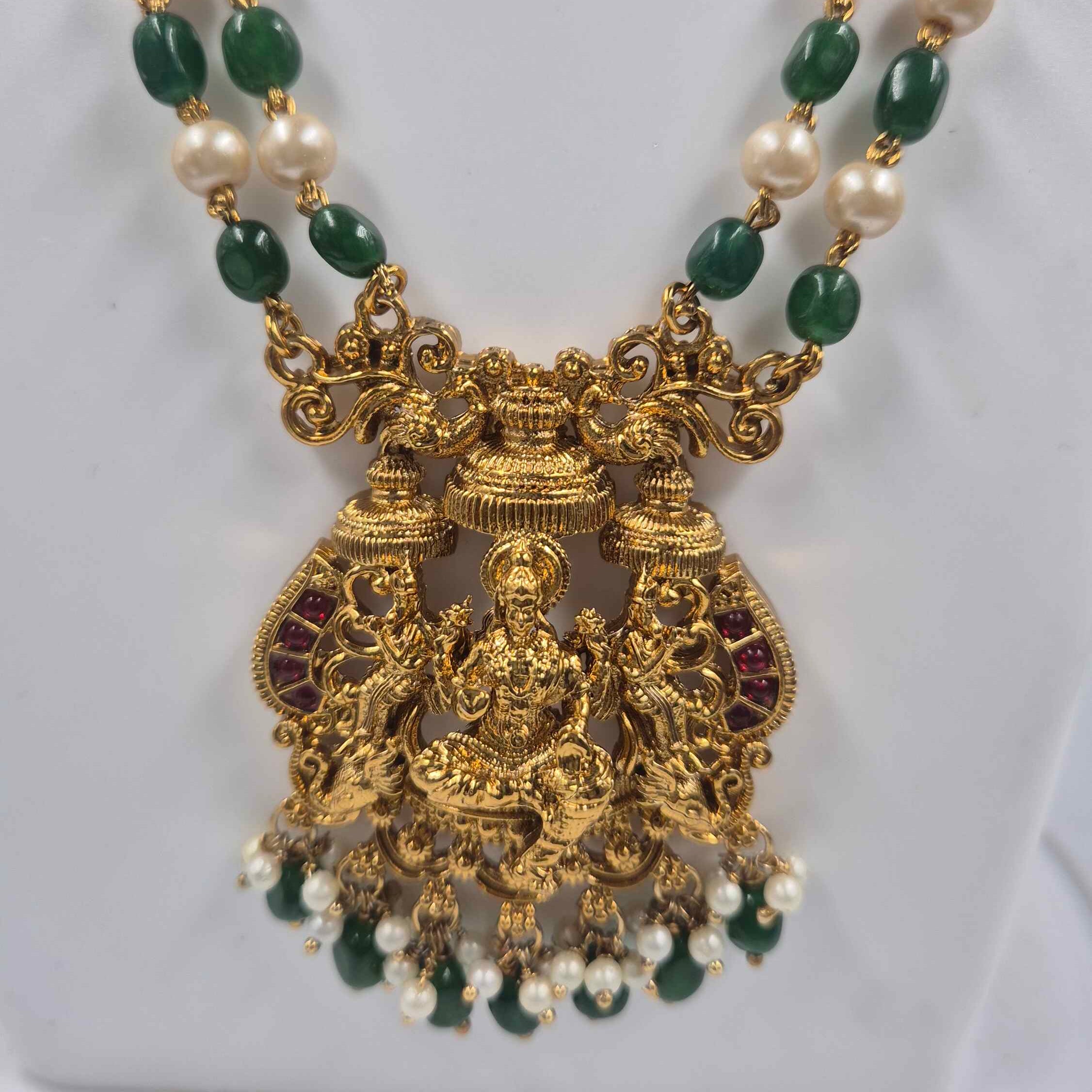 Antique Gold Lakshmi Pearl & Green Bead Haram Set | Kerala Temple Bridal Jewelry with Jhumka Earrings