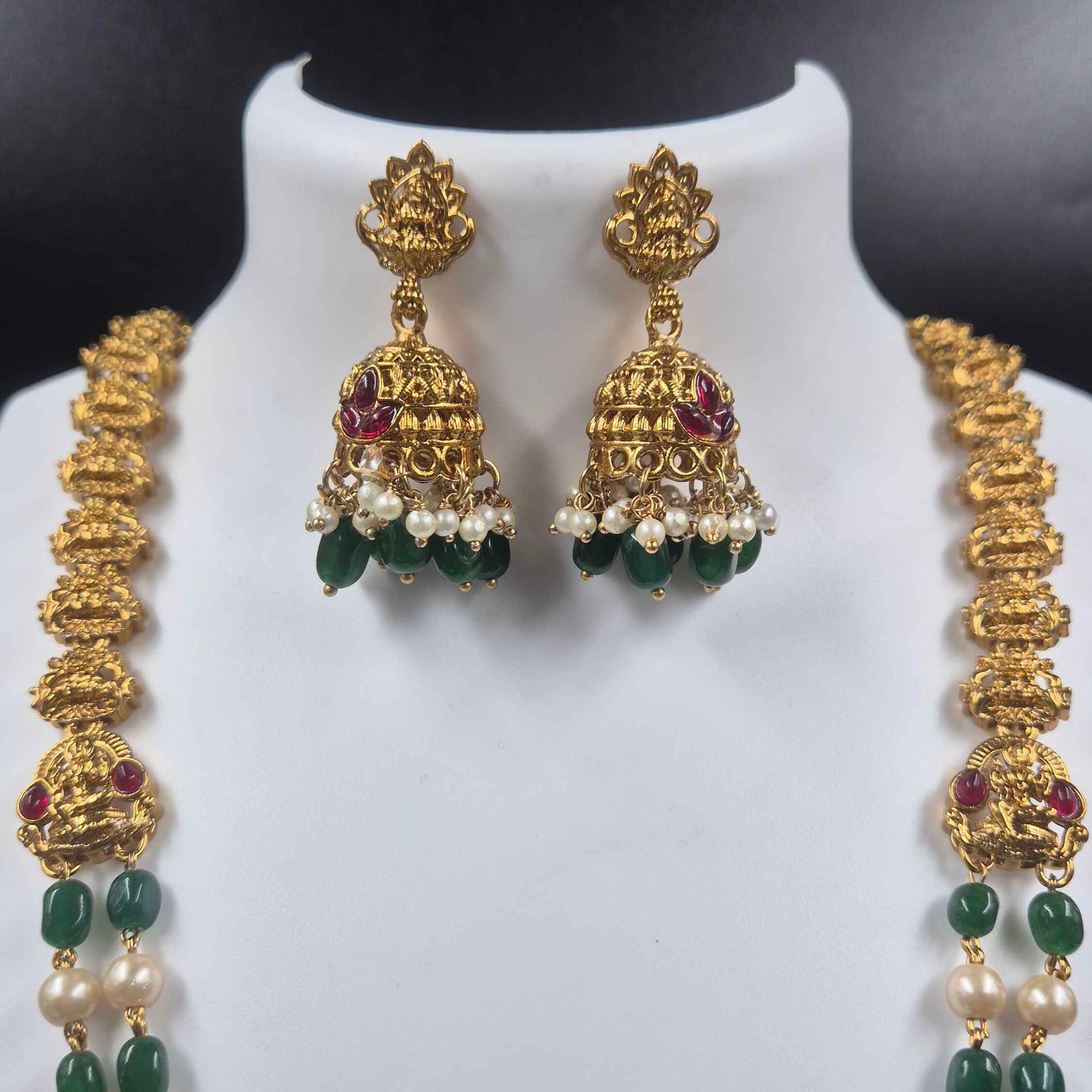 Antique Gold Lakshmi Pearl & Green Bead Haram Set | Kerala Temple Bridal Jewelry with Jhumka Earrings