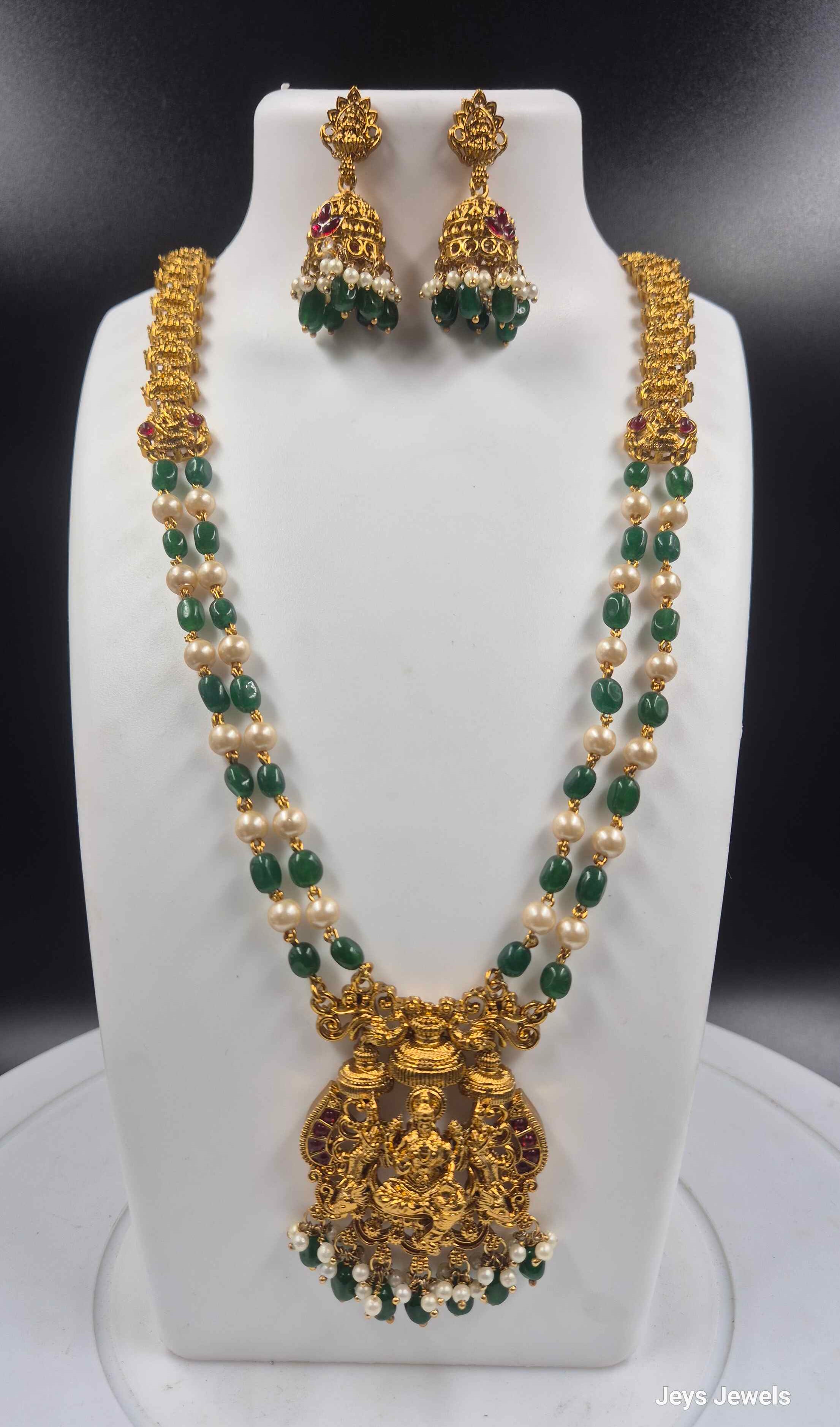 Antique Gold Lakshmi Pearl & Green Bead Haram Set | Kerala Temple Bridal Jewelry with Jhumka Earrings