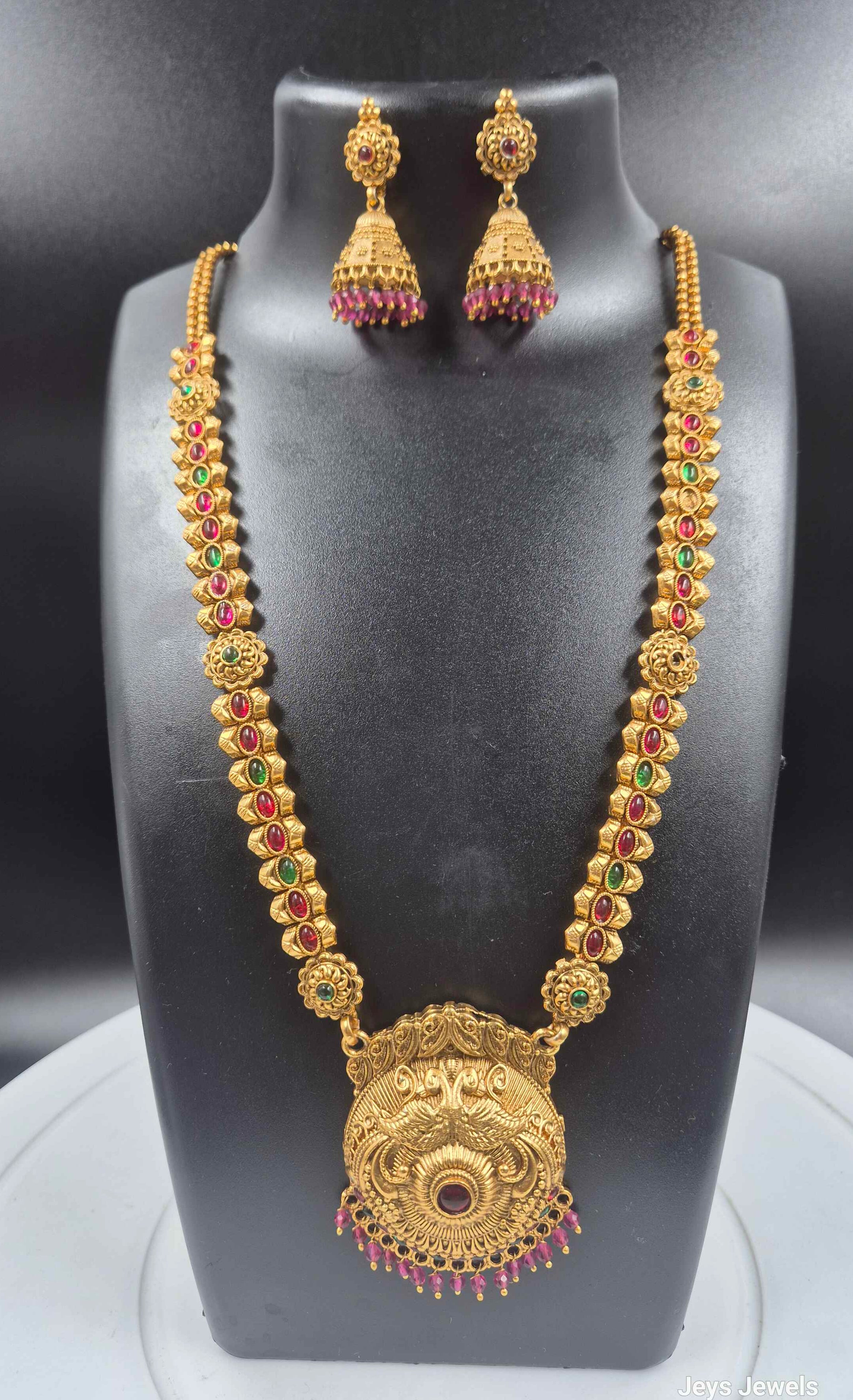 Antique Gold Peacock Temple Pendant haramSet | Ruby & Emerald South Indian Bridal Jewelry