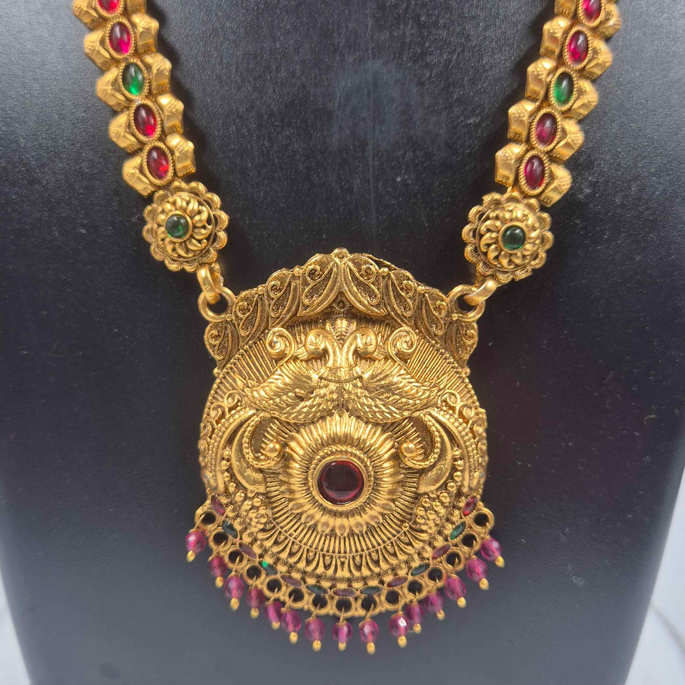 Antique Gold Peacock Temple Pendant haramSet | Ruby & Emerald South Indian Bridal Jewelry