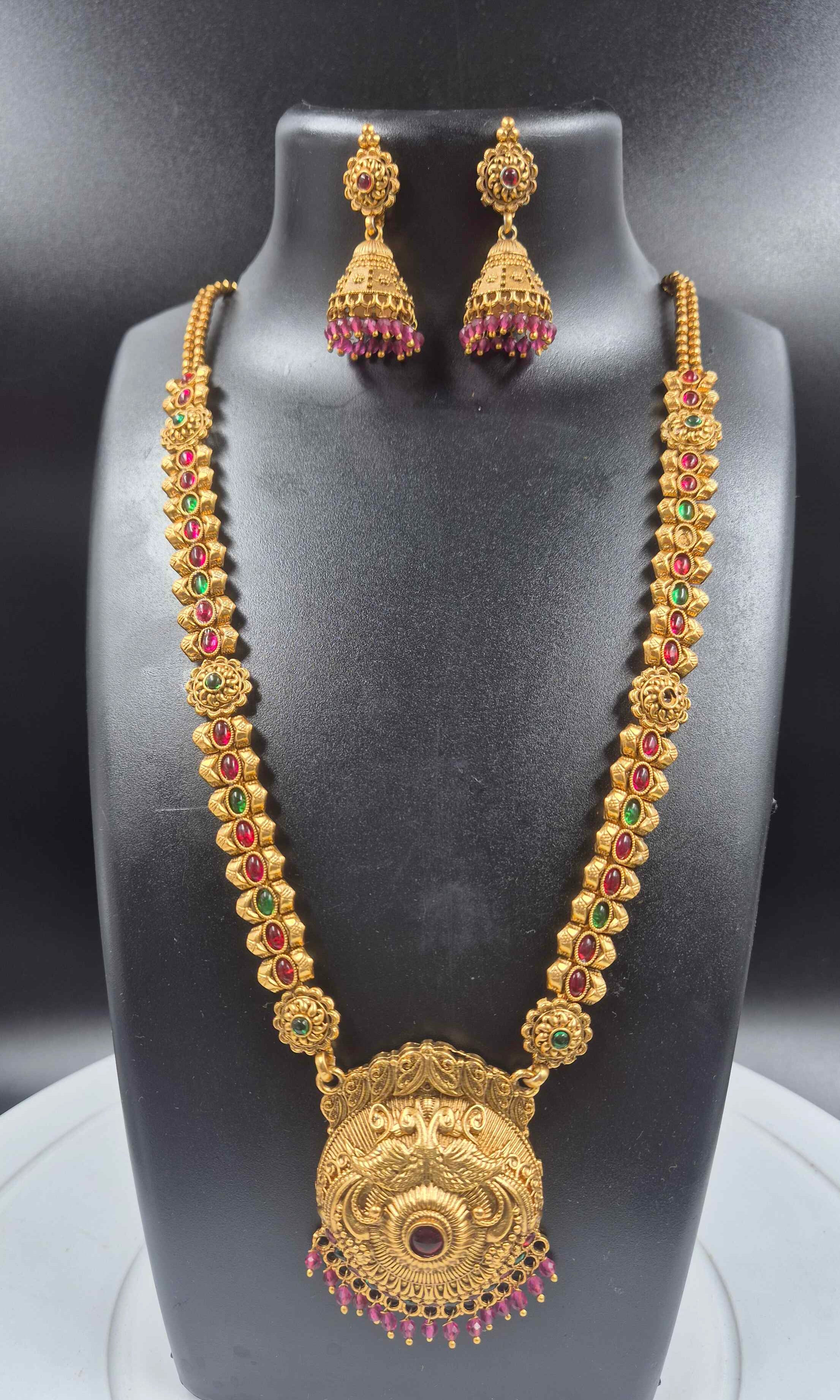 Antique Gold Peacock Temple Pendant haramSet | Ruby & Emerald South Indian Bridal Jewelry