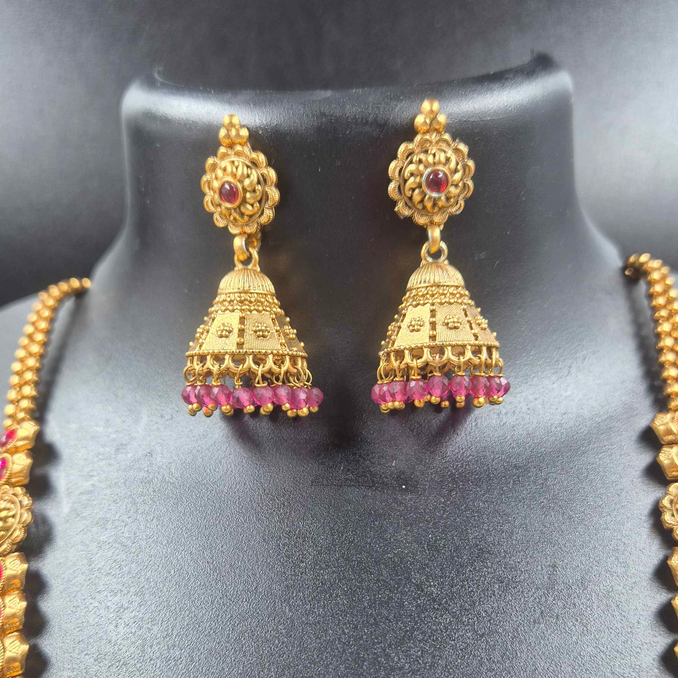 Antique Gold Peacock Temple Pendant haramSet | Ruby & Emerald South Indian Bridal Jewelry