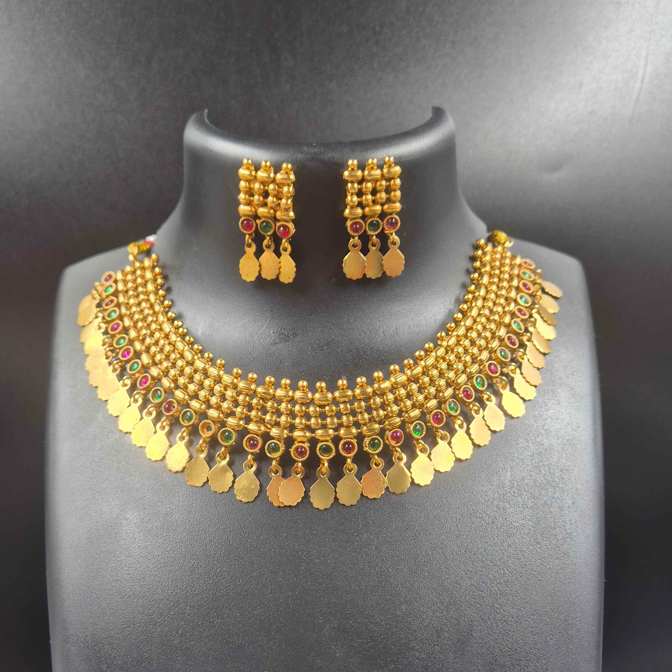Kerala Elakkathali Necklace Set | Antique Gold Traditional Bridal Jewelry with Matching Earrings