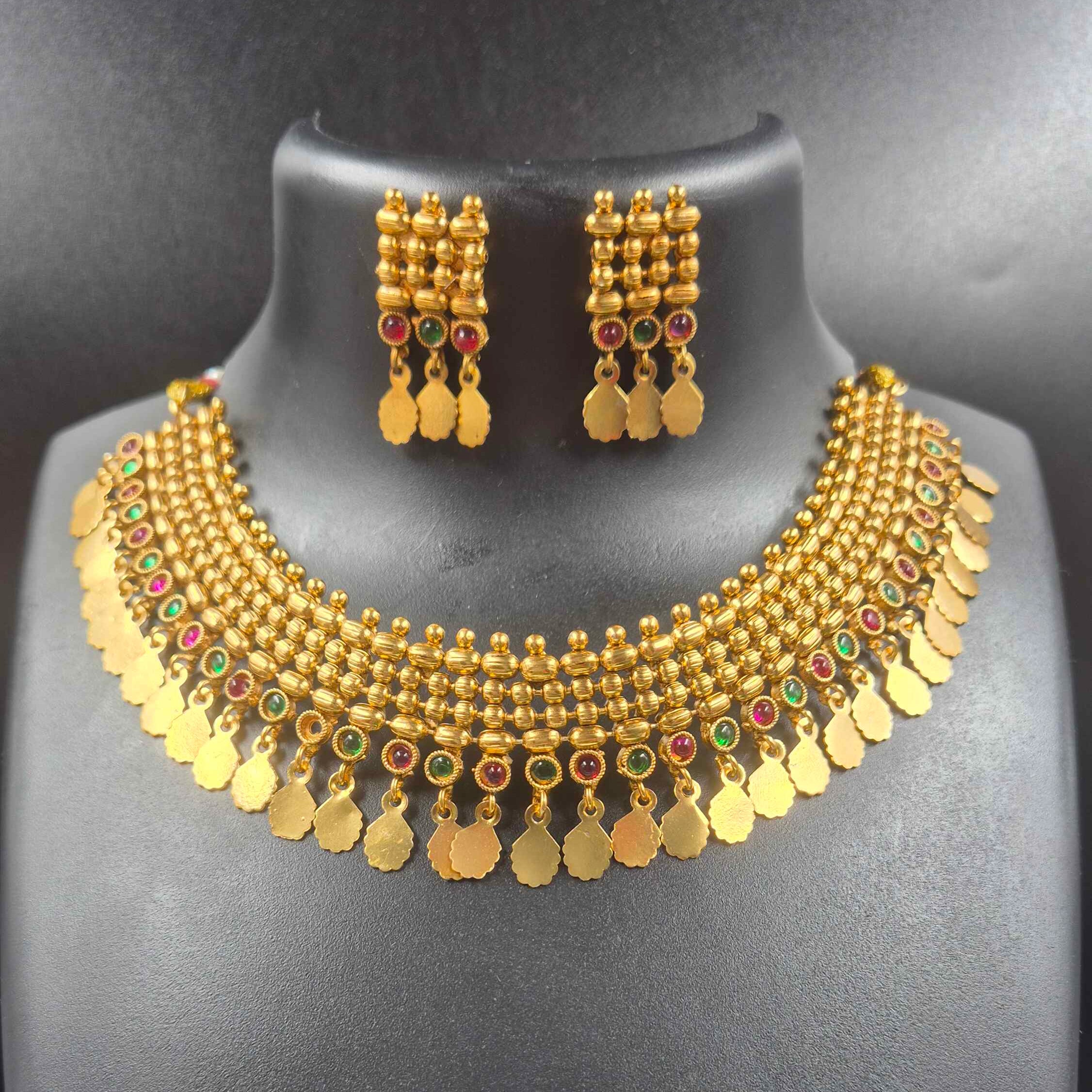 Kerala Elakkathali Necklace Set | Antique Gold Traditional Bridal Jewelry with Matching Earrings