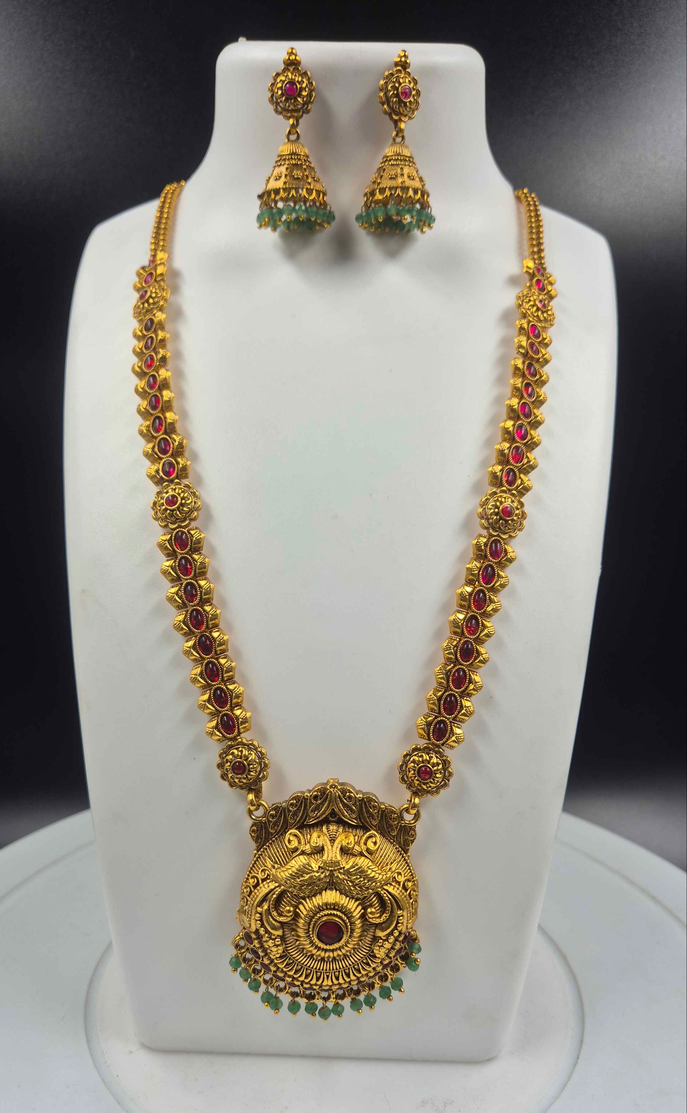 Antique Gold Peacock Temple Pendant Necklace Set | Ruby Stone South Indian Bridal Jewelry with Jhumka Earrings