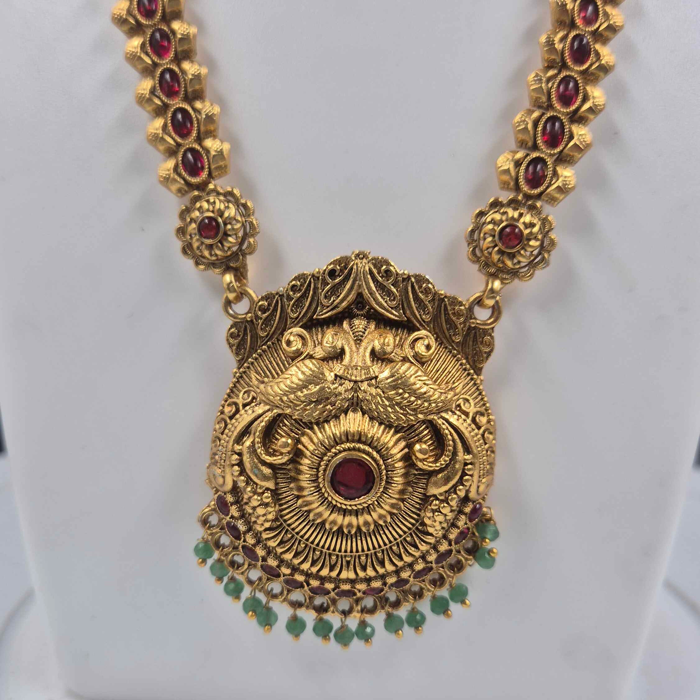 Antique Gold Peacock Temple Pendant Necklace Set | Ruby Stone South Indian Bridal Jewelry with Jhumka Earrings