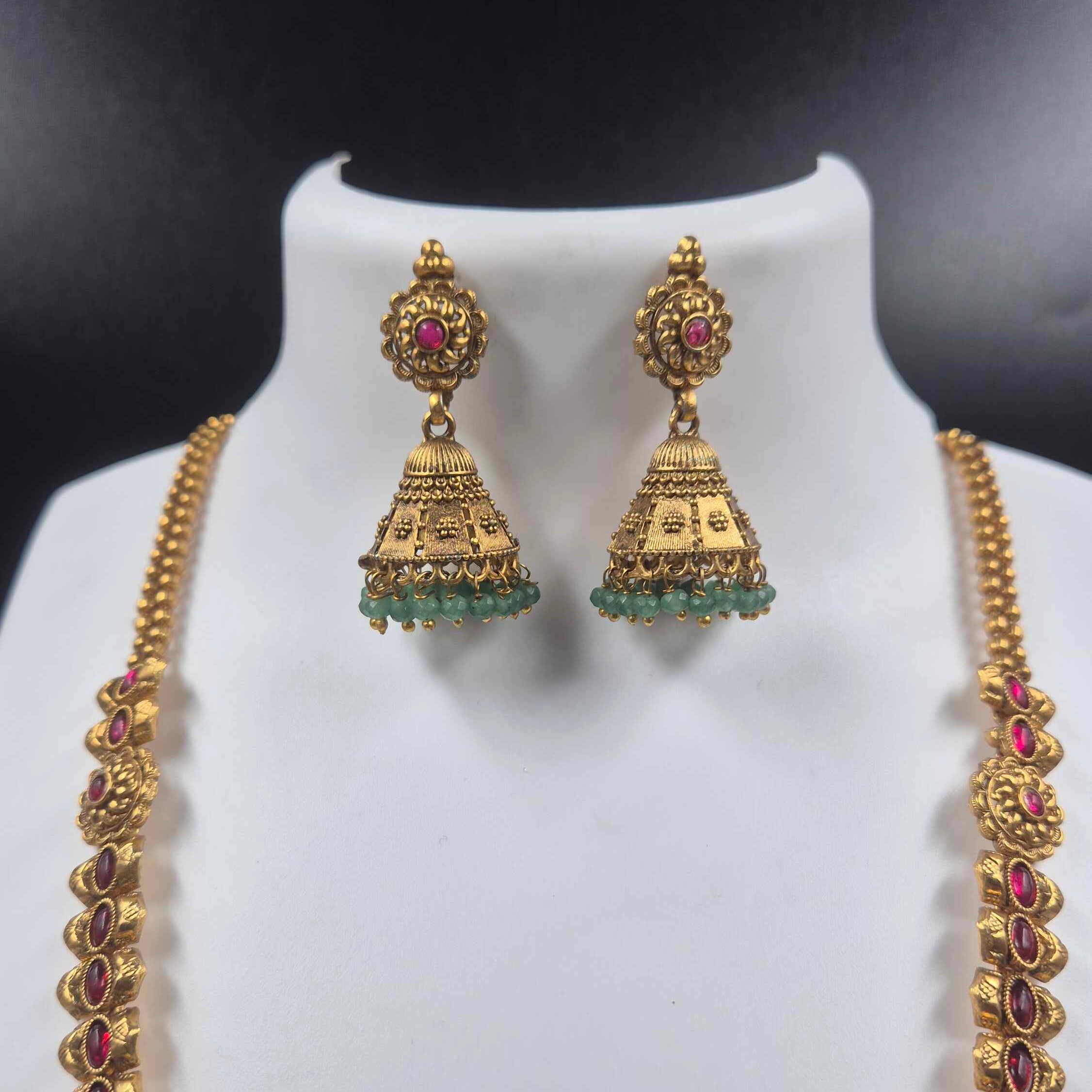Antique Gold Peacock Temple Pendant Necklace Set | Ruby Stone South Indian Bridal Jewelry with Jhumka Earrings