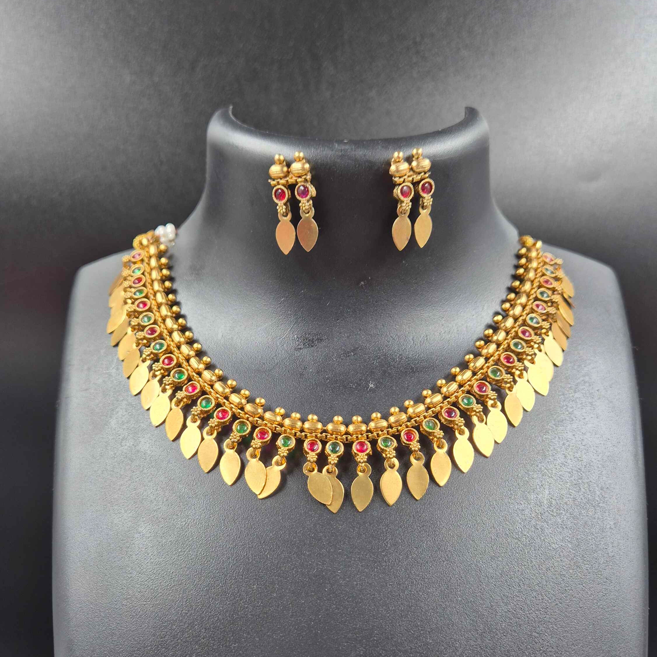 Kerala Elakkathali Necklace Set | Antique Gold Traditional Bridal Jewelry with Matching Earrings