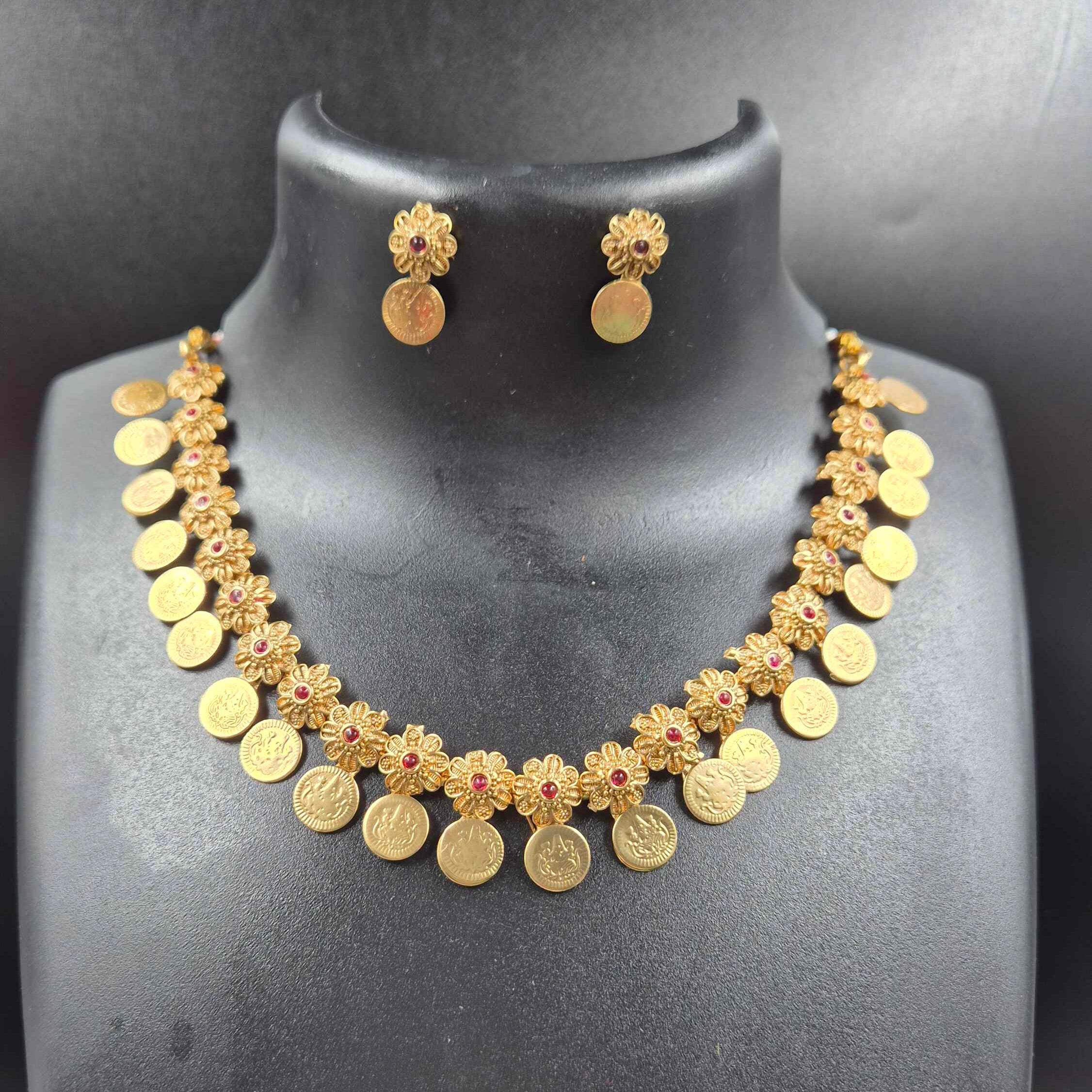Antique Gold Coin Necklace Set | Traditional Kerala Kasu Mala with Floral Motifs & Stud Earrings