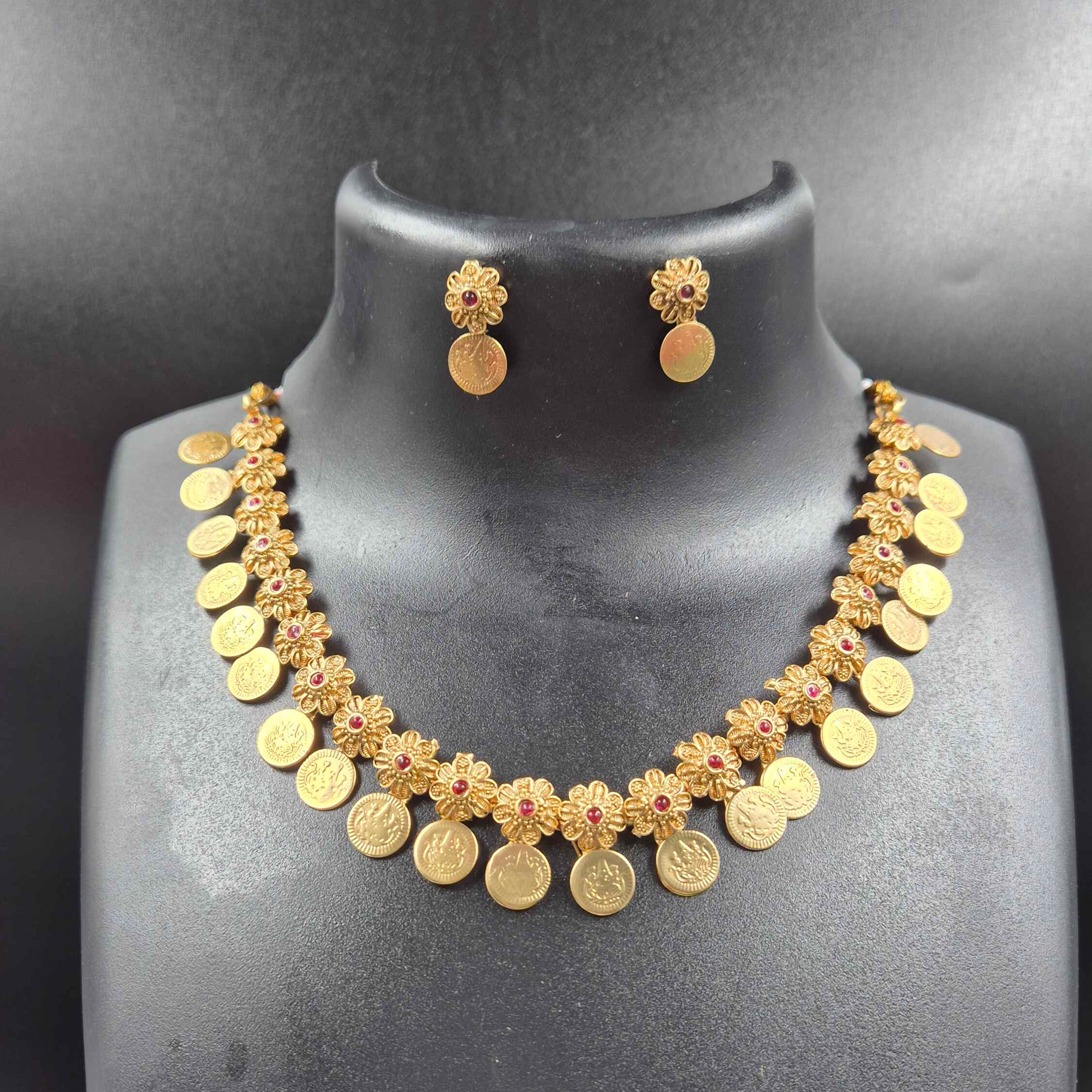 Antique Gold Coin Necklace Set | Traditional Kerala Kasu Mala with Floral Motifs & Stud Earrings