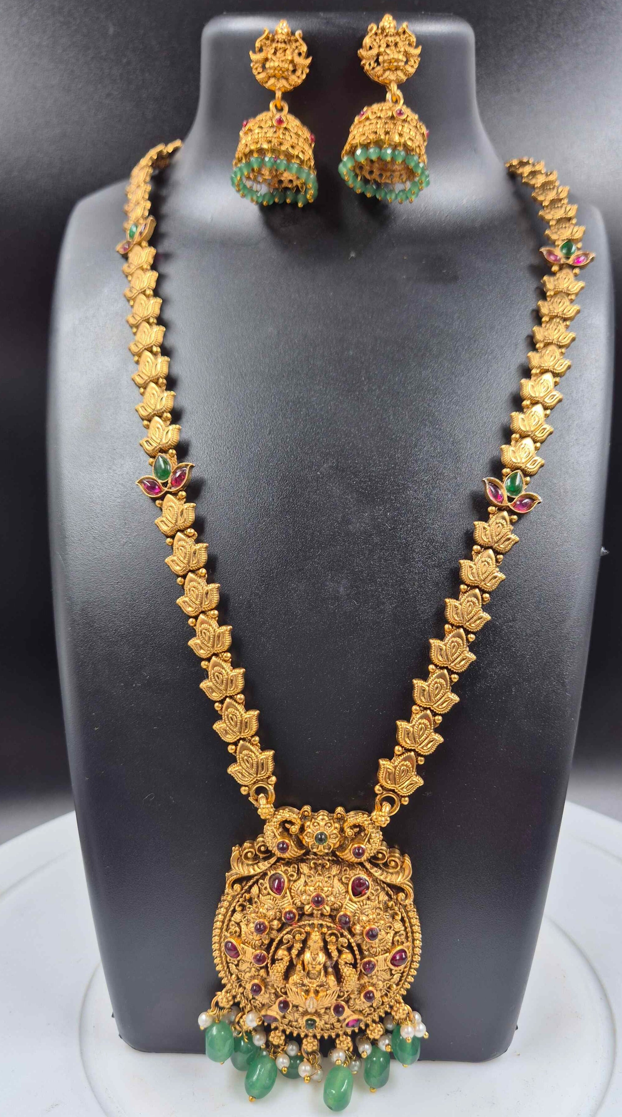 Antique Lakshmi Temple Haram Necklace Set with Green Beads & Jhumka Earrings