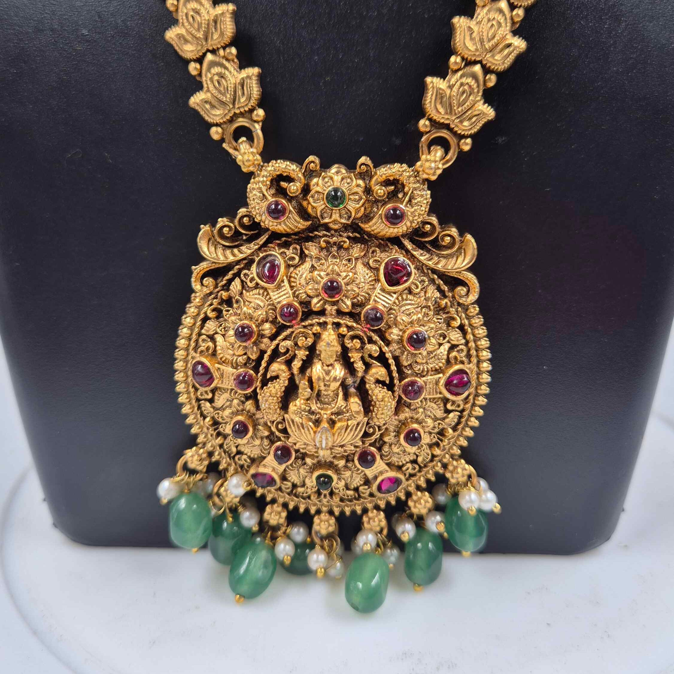 Antique Lakshmi Temple Haram Necklace Set with Green Beads & Jhumka Earrings