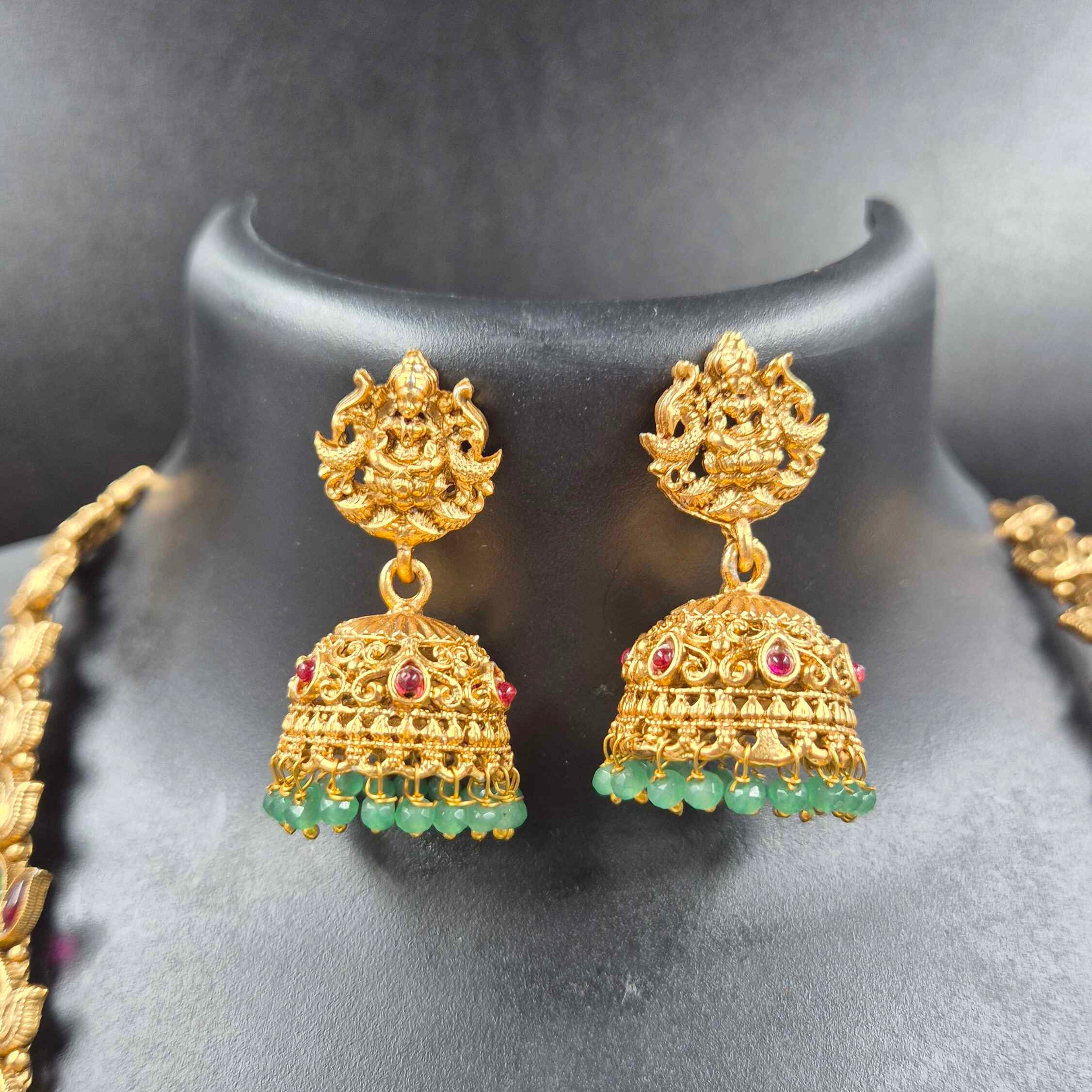 Antique Lakshmi Temple Haram Necklace Set with Green Beads & Jhumka Earrings