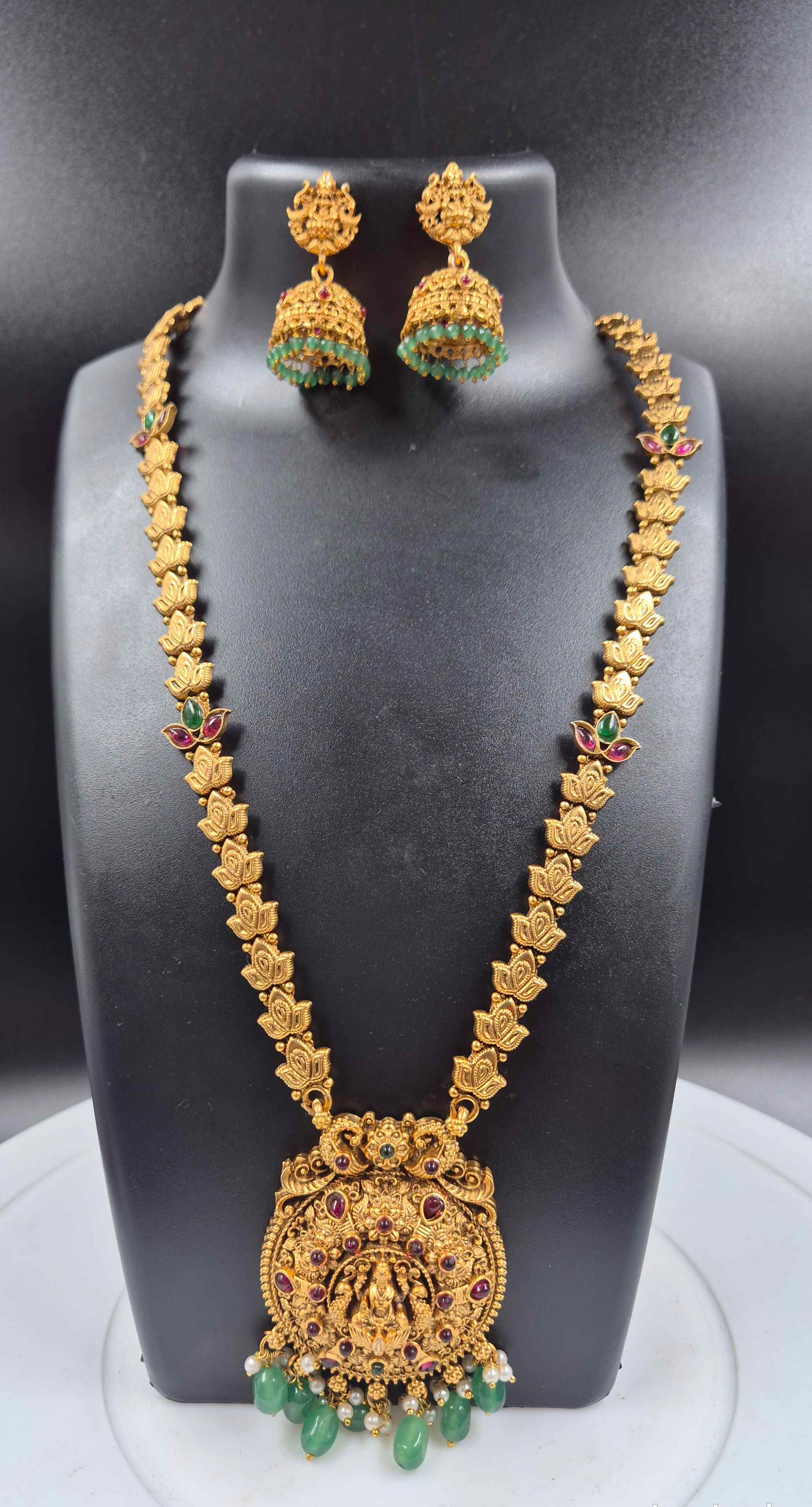 Antique Lakshmi Temple Haram Necklace Set with Green Beads & Jhumka Earrings