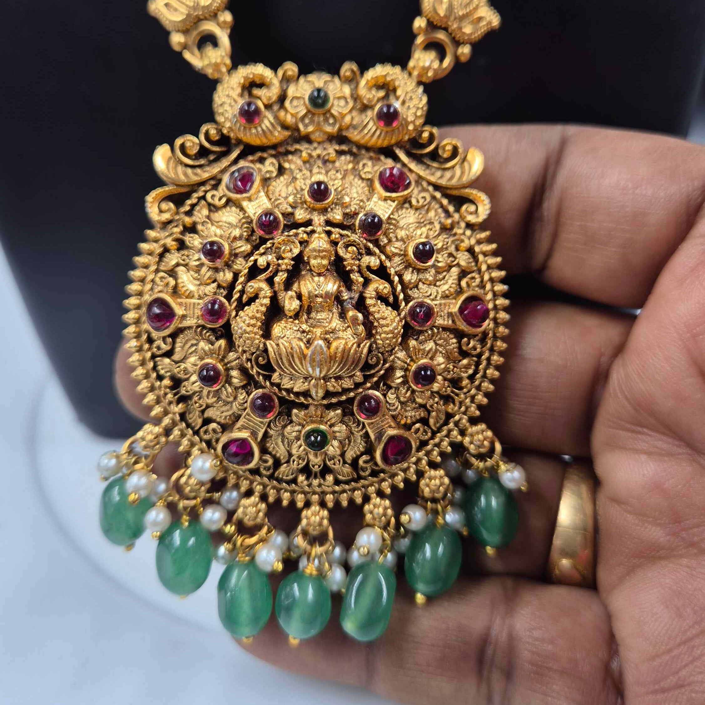 Antique Lakshmi Temple Haram Necklace Set with Green Beads & Jhumka Earrings