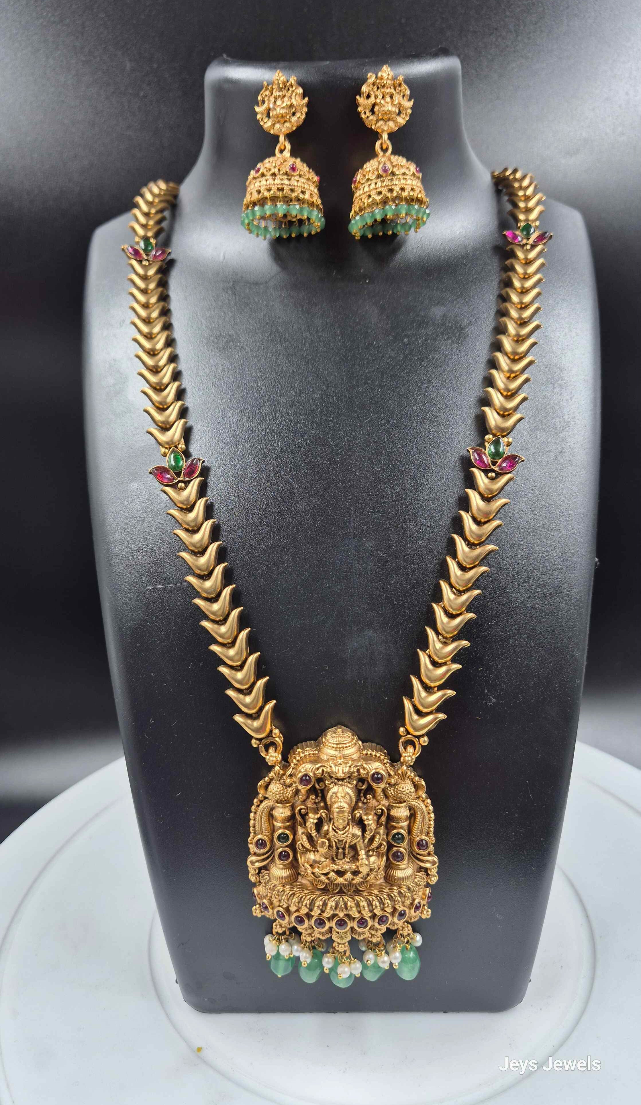 Antique LakshmiTemple Haram Necklace Set with Green Bead Drops & Jhumka Earrings