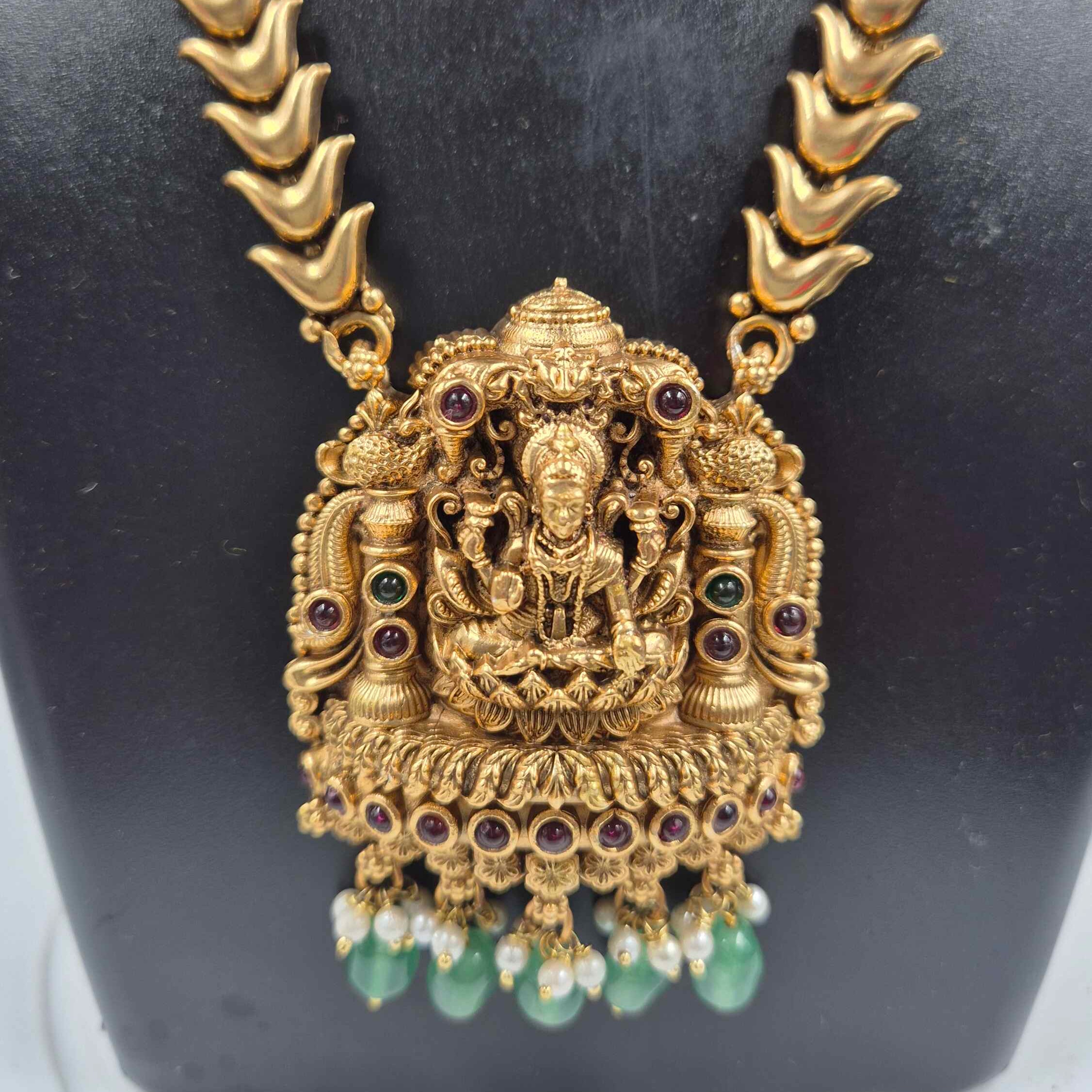 Antique LakshmiTemple Haram Necklace Set with Green Bead Drops & Jhumka Earrings