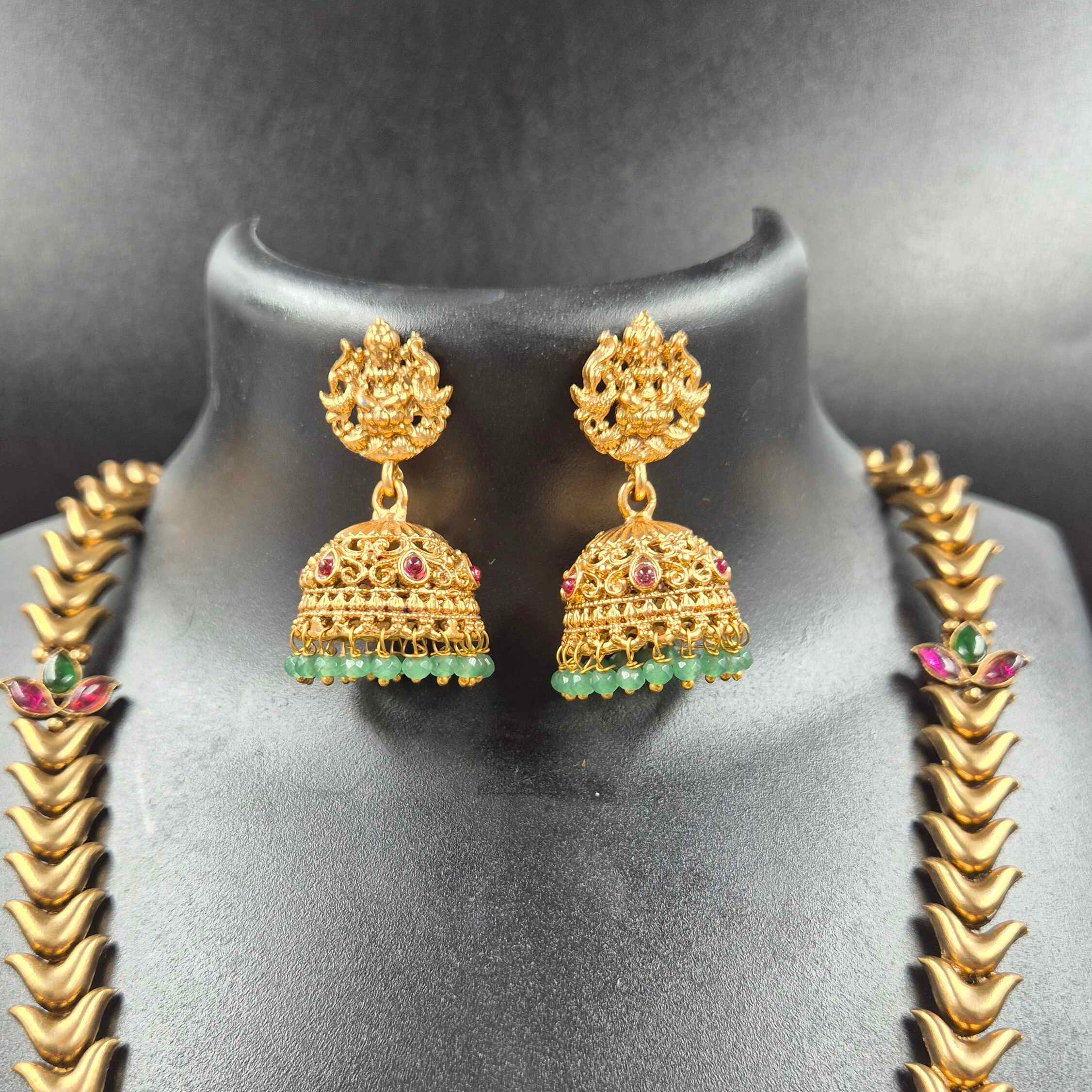 Antique LakshmiTemple Haram Necklace Set with Green Bead Drops & Jhumka Earrings