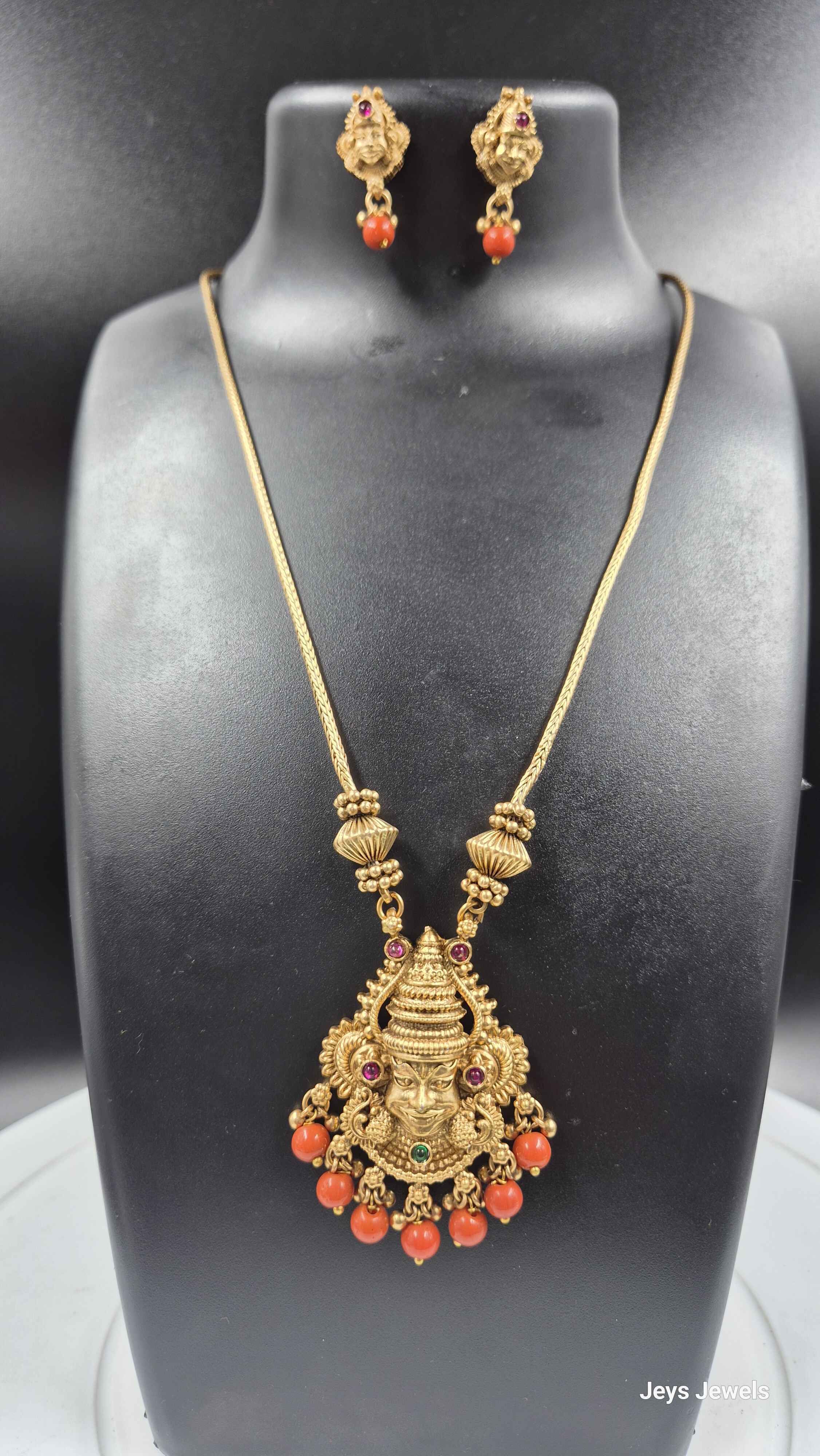 Antique Kathakali face Pendant Necklace Set with orange Coral Bead Drops & Stud Earrings