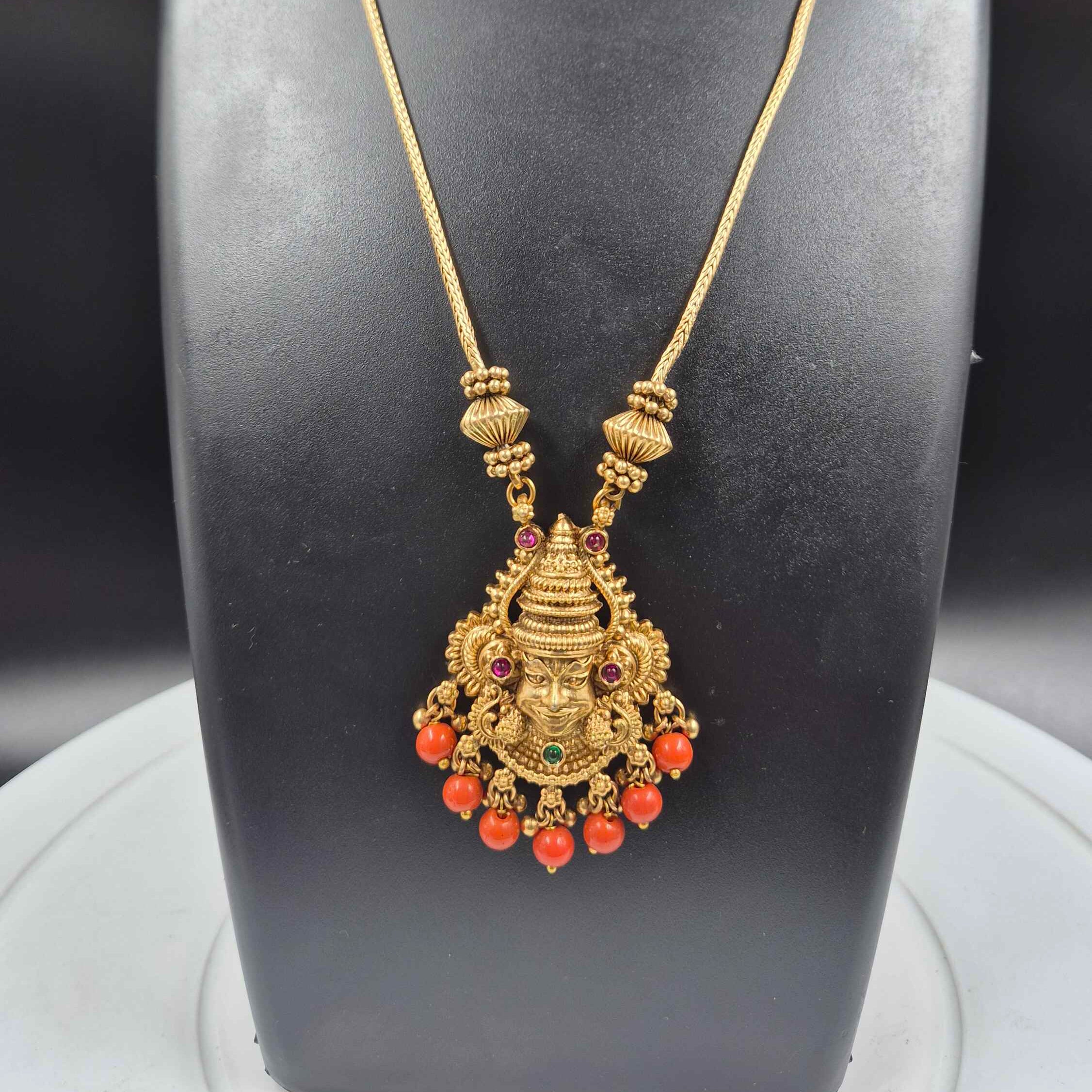 Antique Kathakali face Pendant Necklace Set with orange Coral Bead Drops & Stud Earrings
