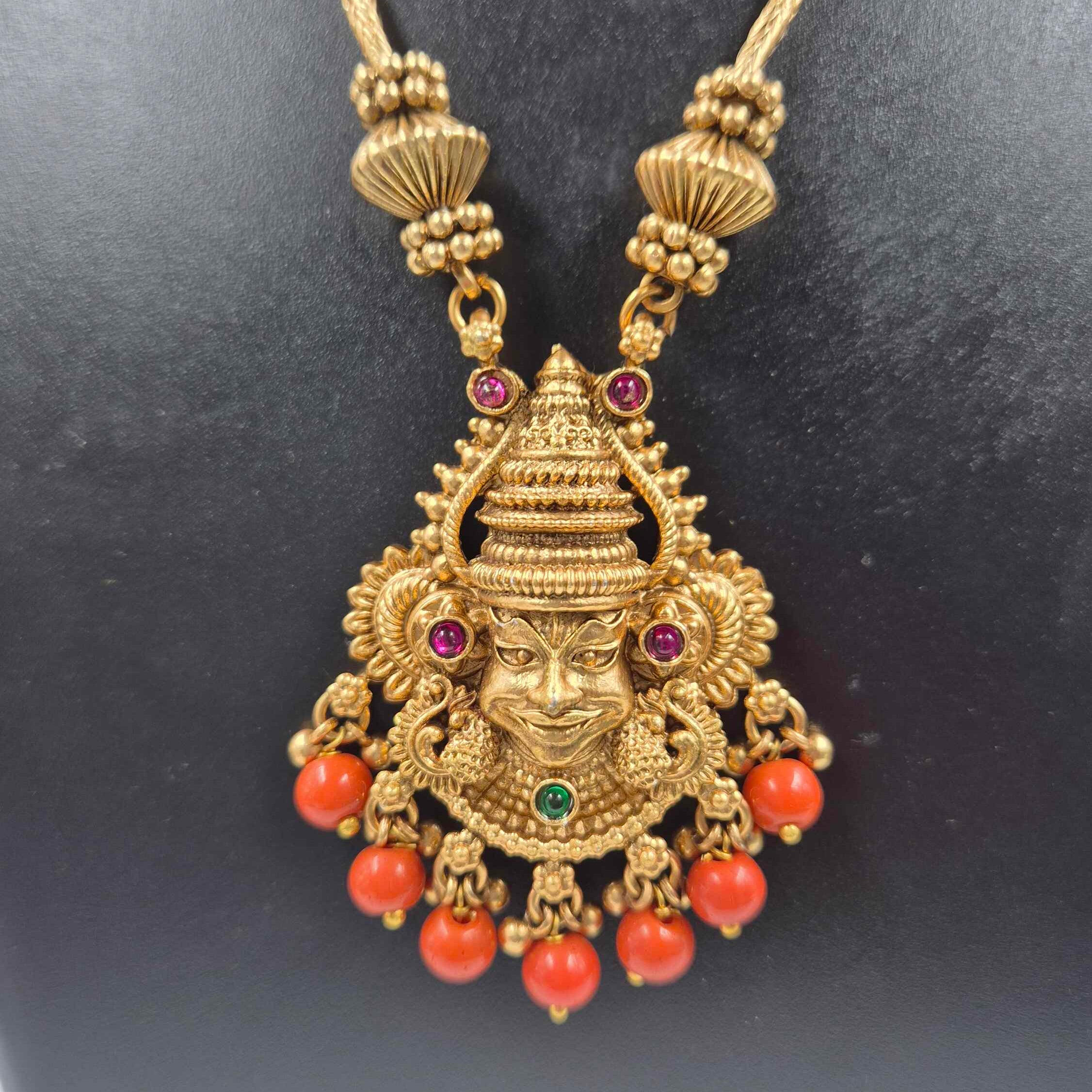 Antique Kathakali face Pendant Necklace Set with orange Coral Bead Drops & Stud Earrings