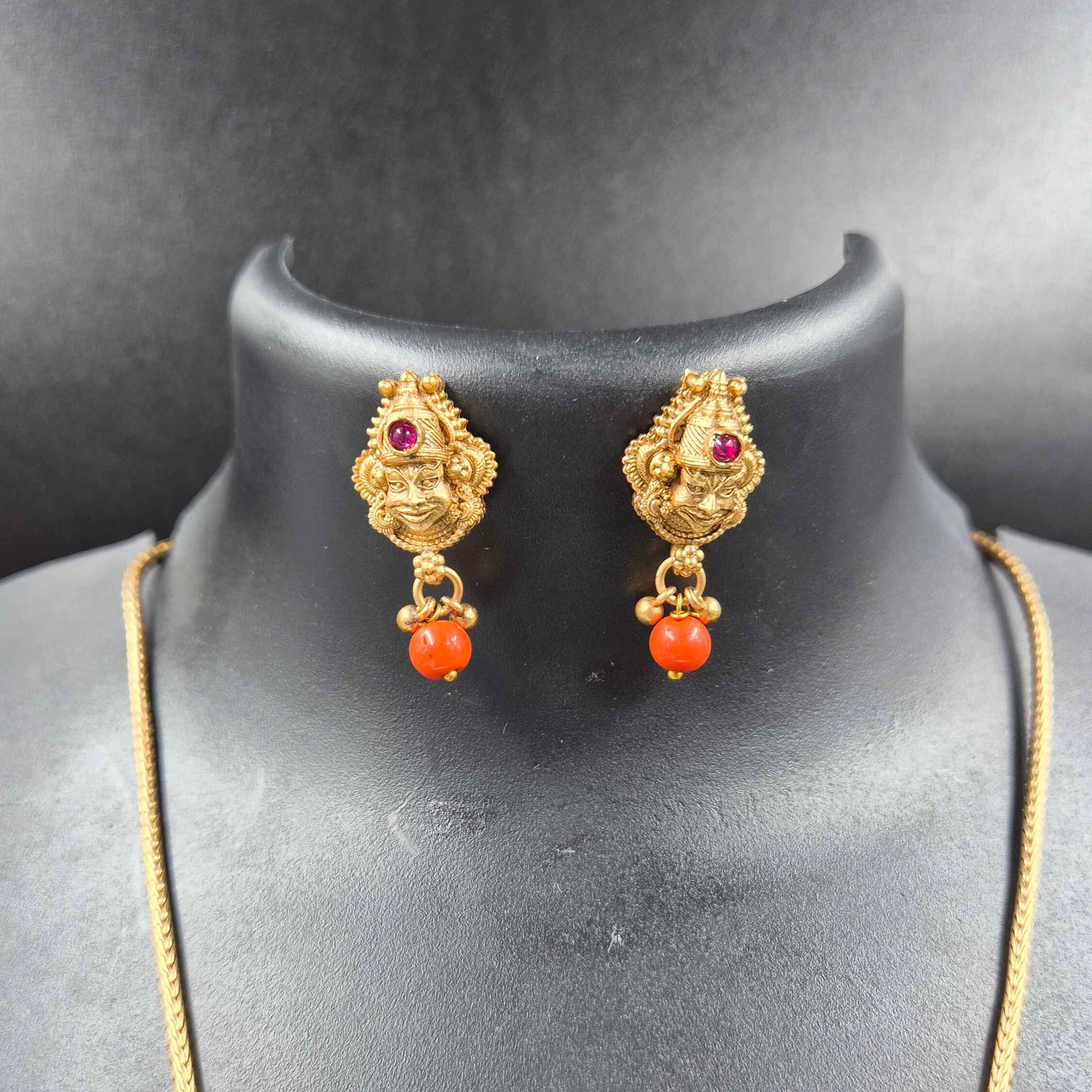 Antique Kathakali face Pendant Necklace Set with orange Coral Bead Drops & Stud Earrings