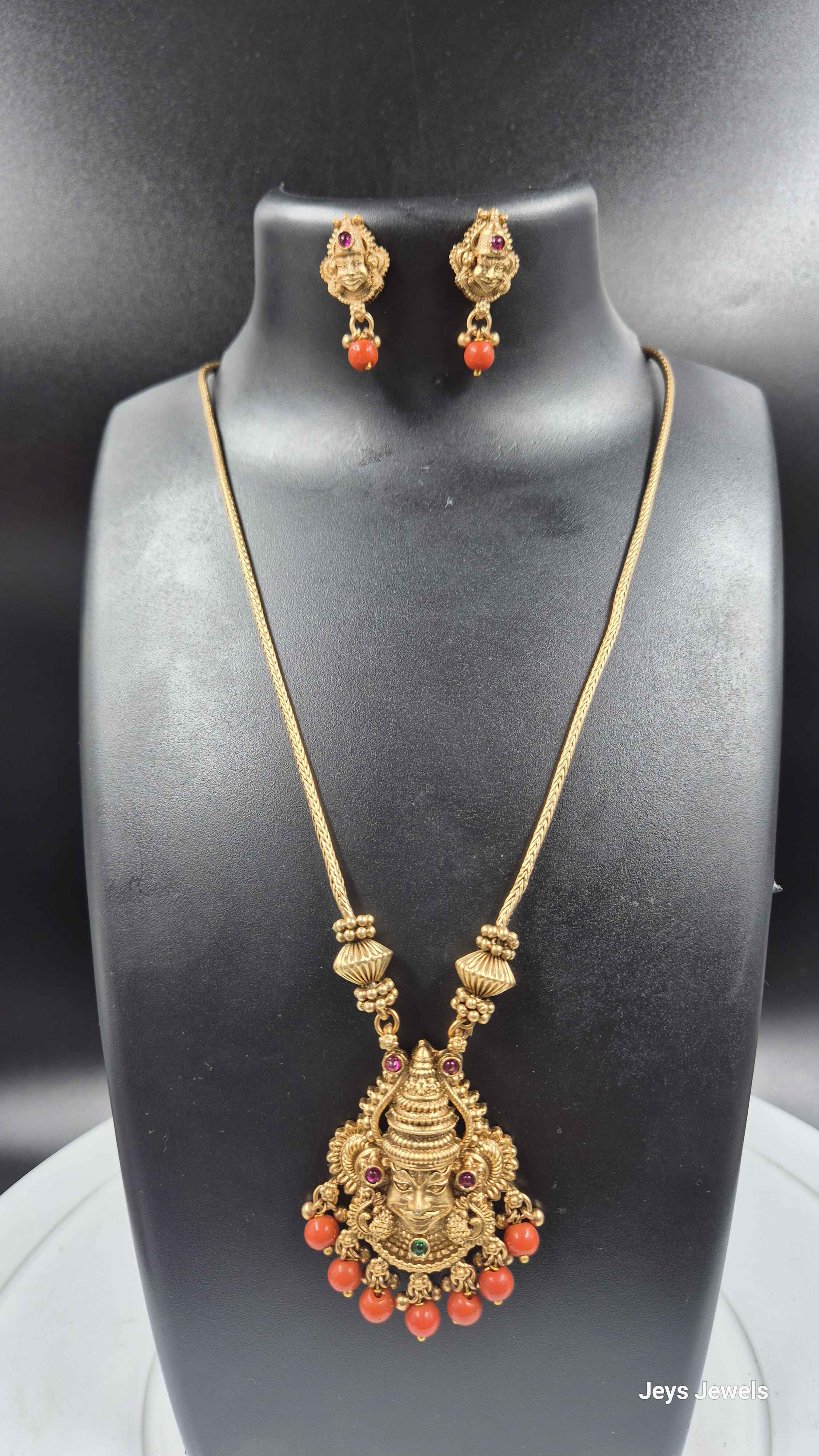 Antique Kathakali face Pendant Necklace Set with orange Coral Bead Drops & Stud Earrings