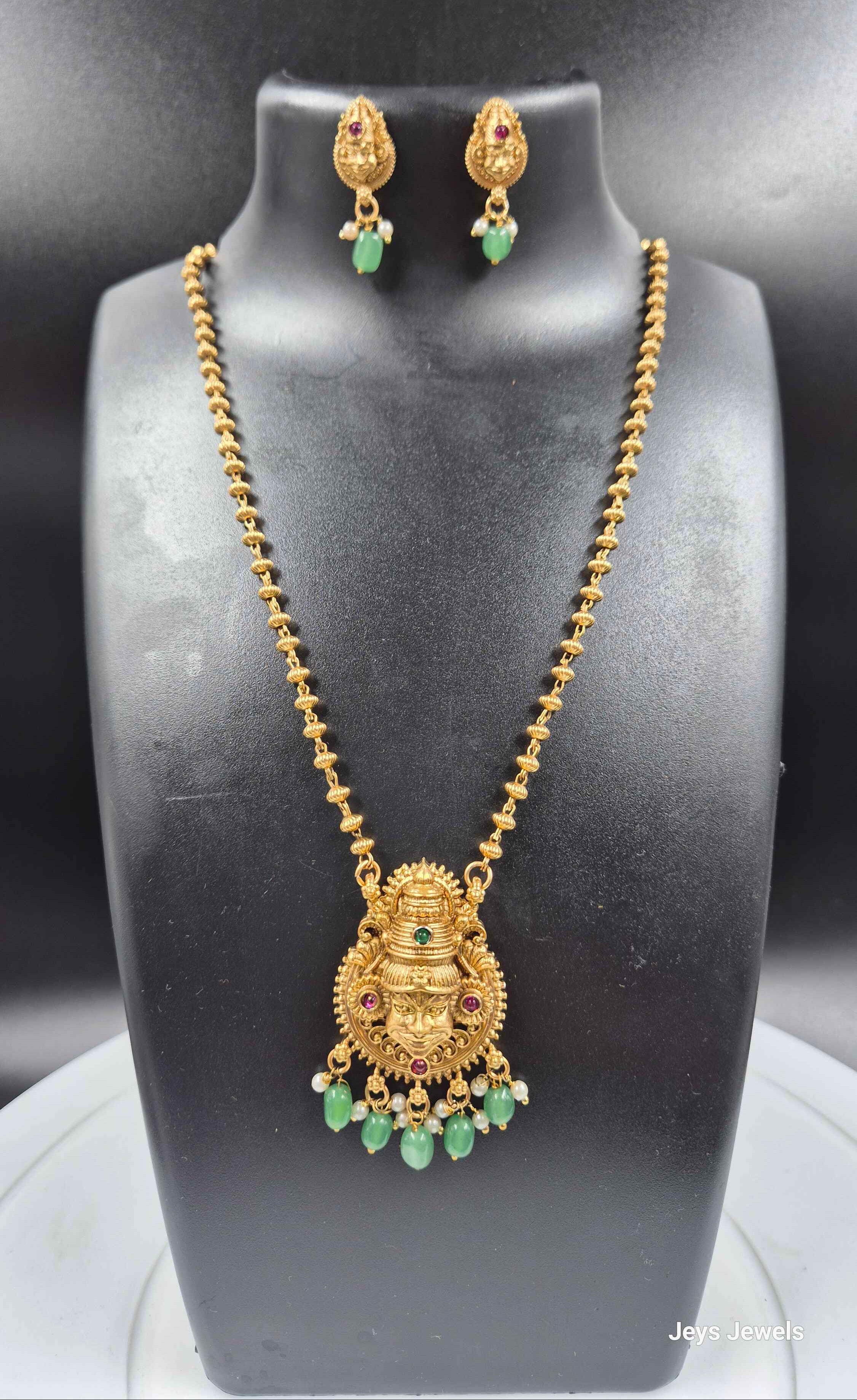 Antique Kathakali Face Pendant Necklace Set with Green Bead Drops & Matching Earrings