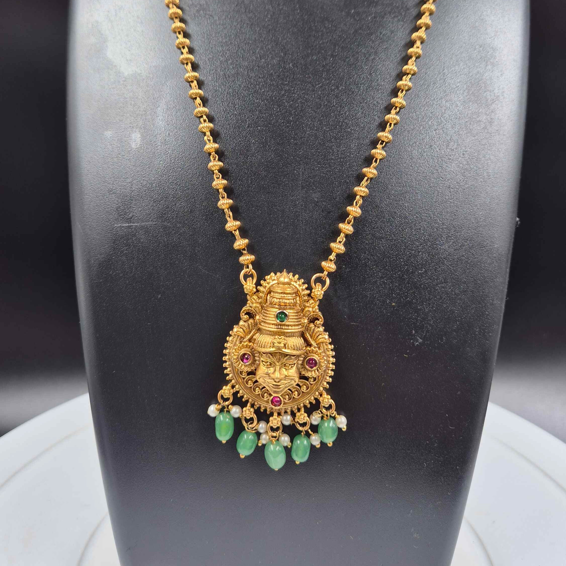 Antique Kathakali Face Pendant Necklace Set with Green Bead Drops & Matching Earrings