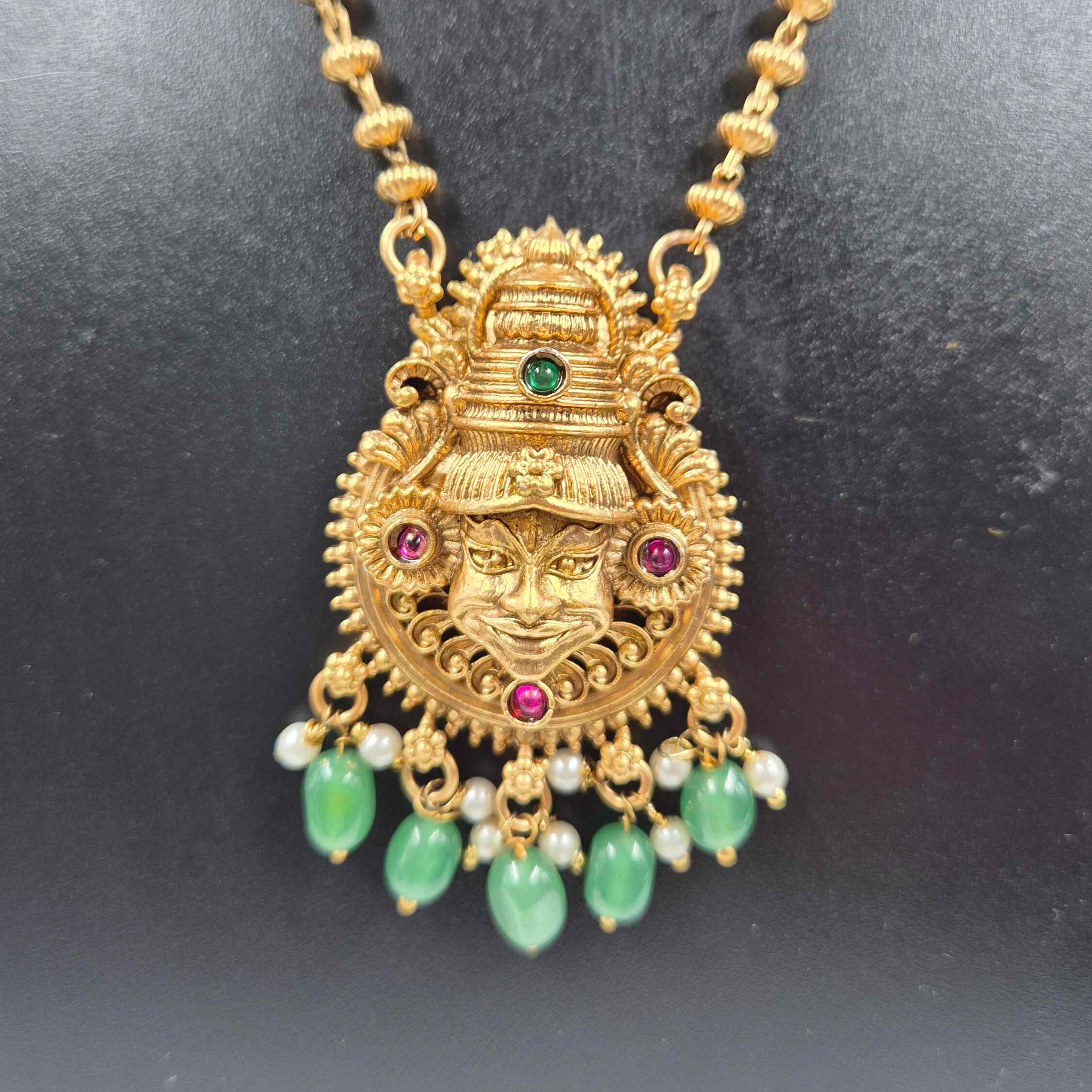 Antique Kathakali Face Pendant Necklace Set with Green Bead Drops & Matching Earrings
