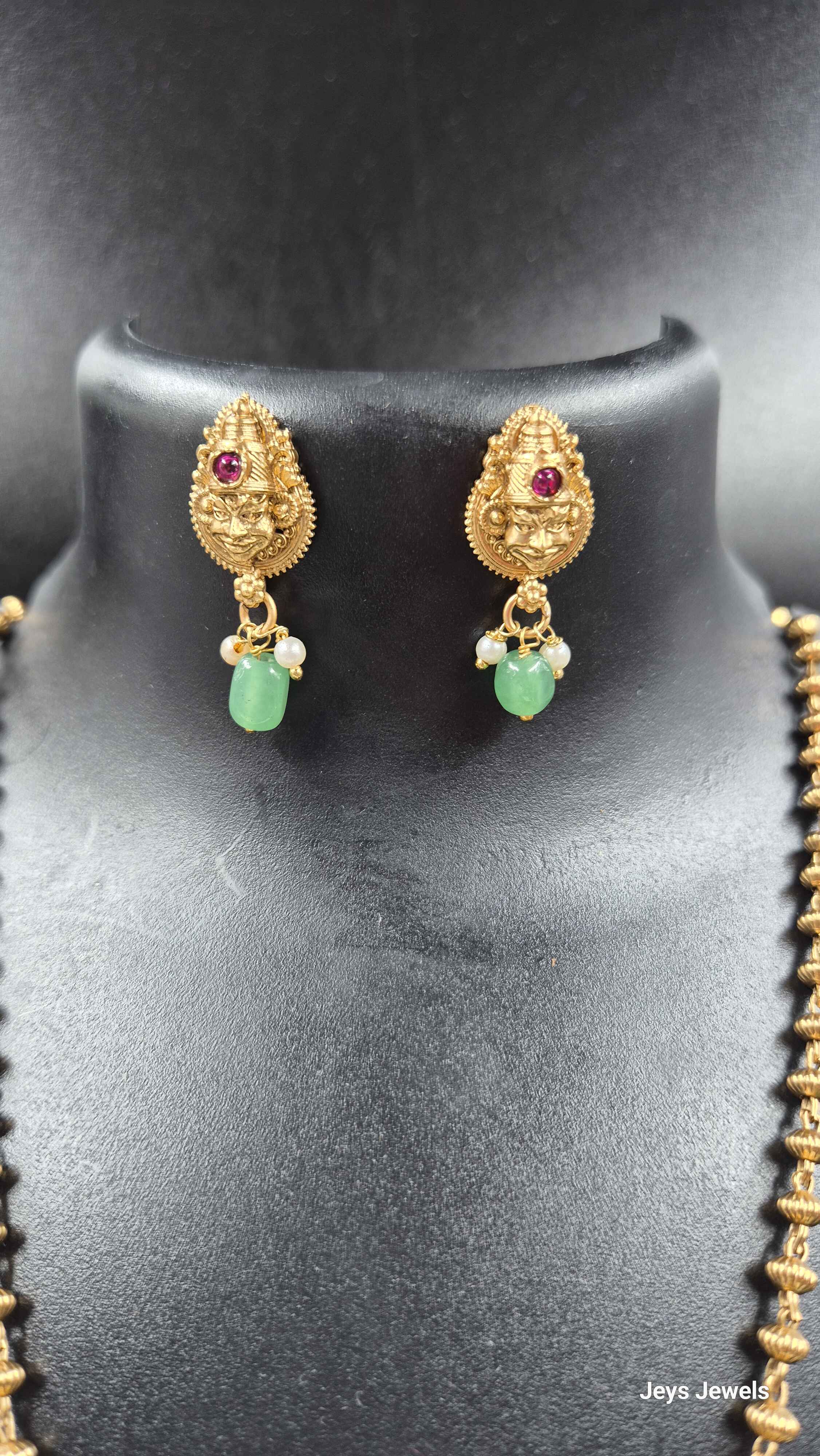 Antique Kathakali Face Pendant Necklace Set with Green Bead Drops & Matching Earrings