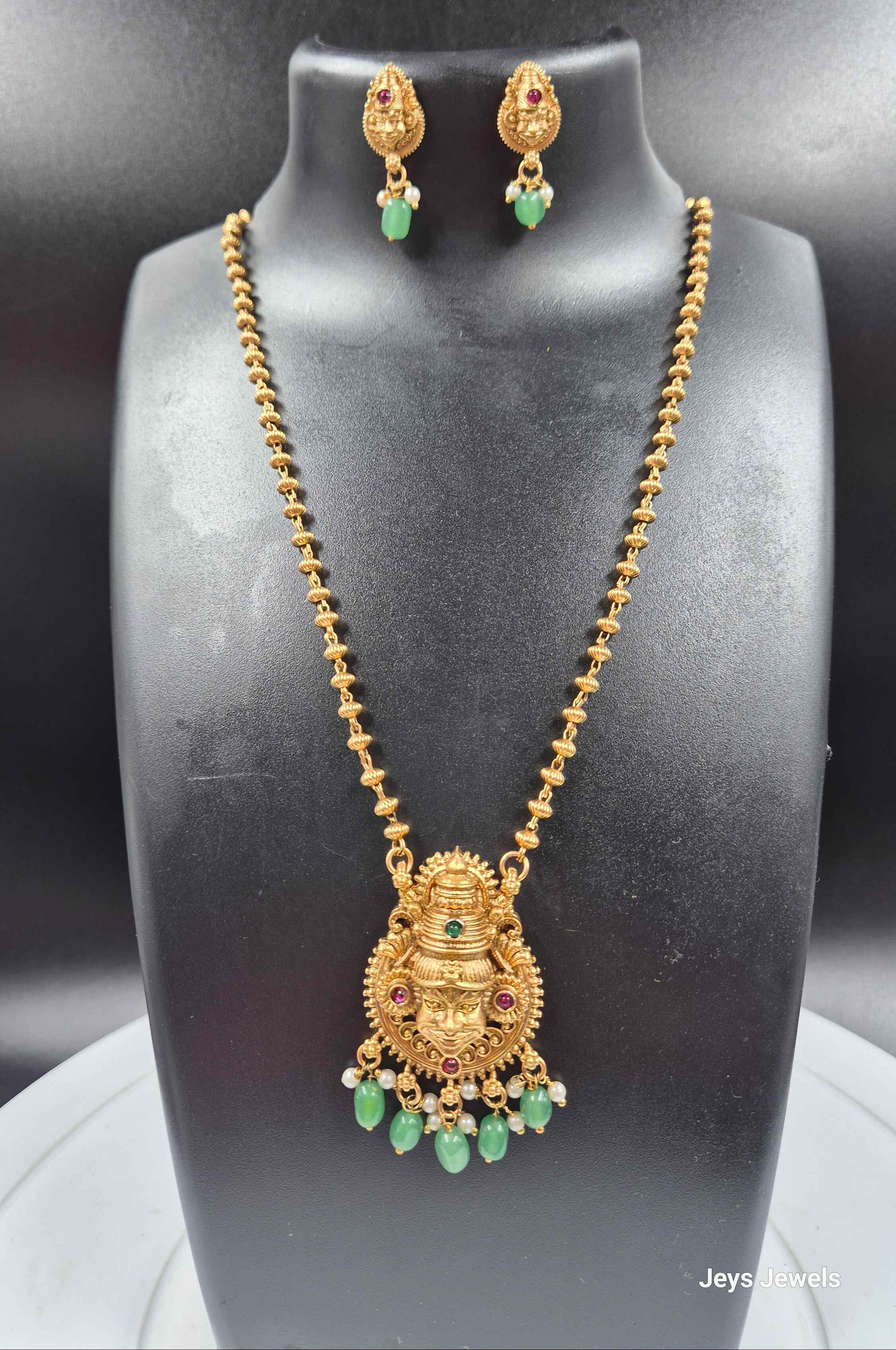 Antique Kathakali Face Pendant Necklace Set with Green Bead Drops & Matching Earrings