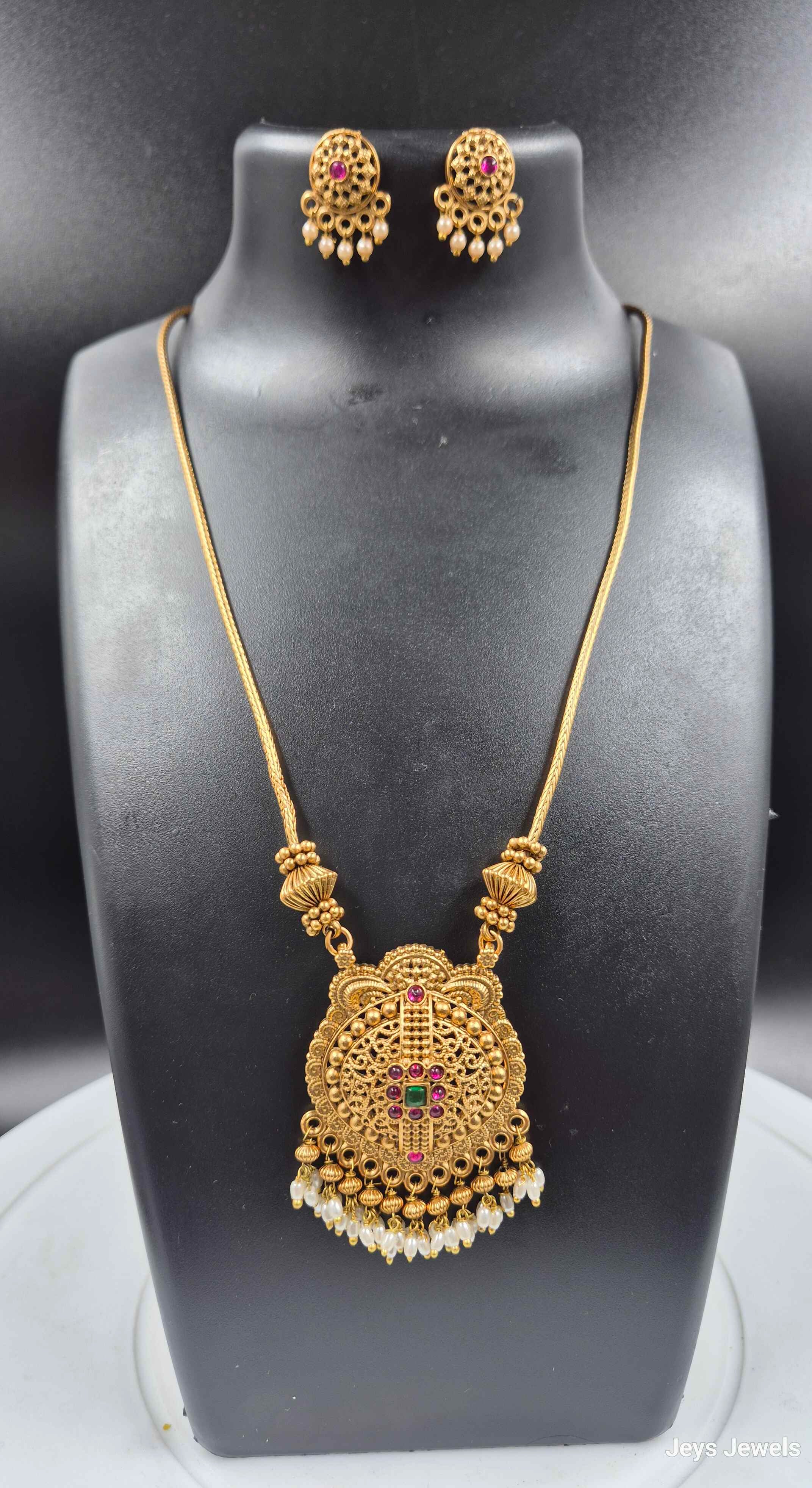 Antique Temple Pendant Necklace Set with Pearl Drops | Traditional South Indian Jewellery