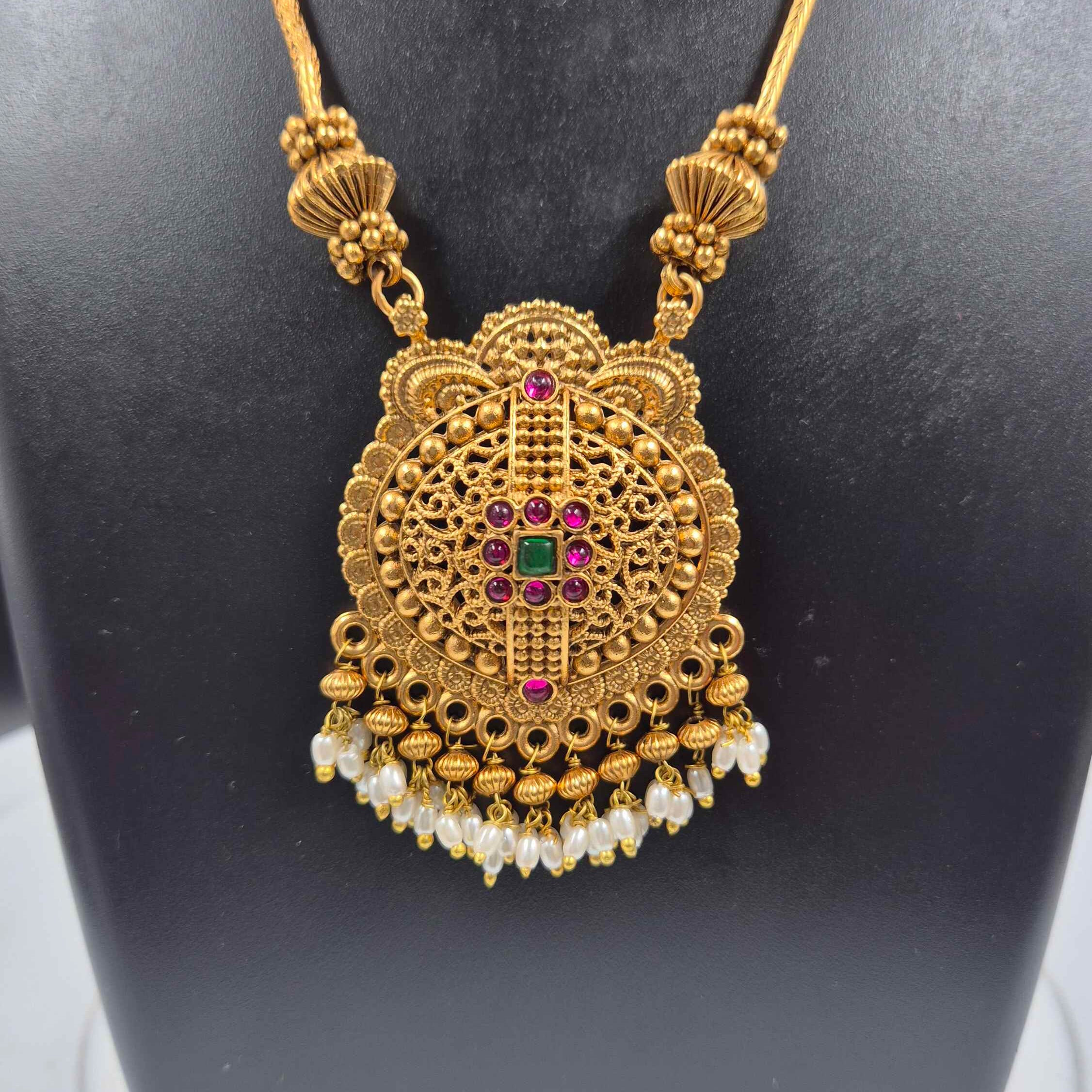Antique Temple Pendant Necklace Set with Pearl Drops | Traditional South Indian Jewellery