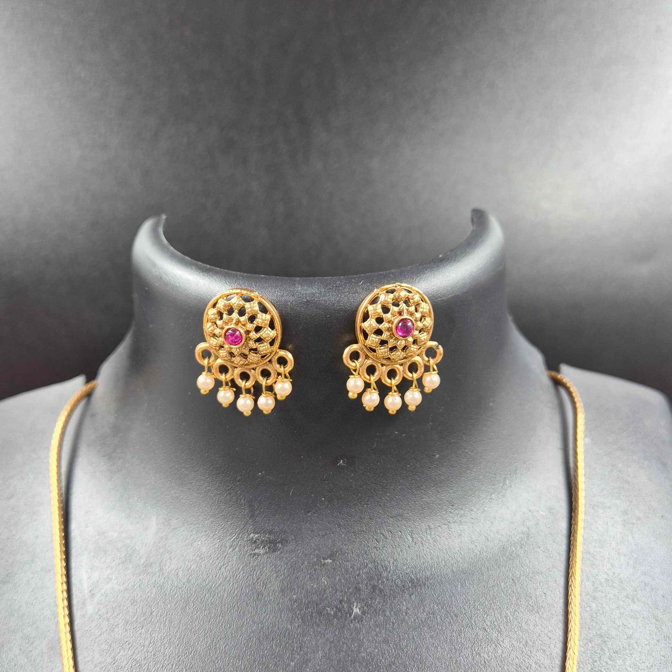 Antique Temple Pendant Necklace Set with Pearl Drops | Traditional South Indian Jewellery