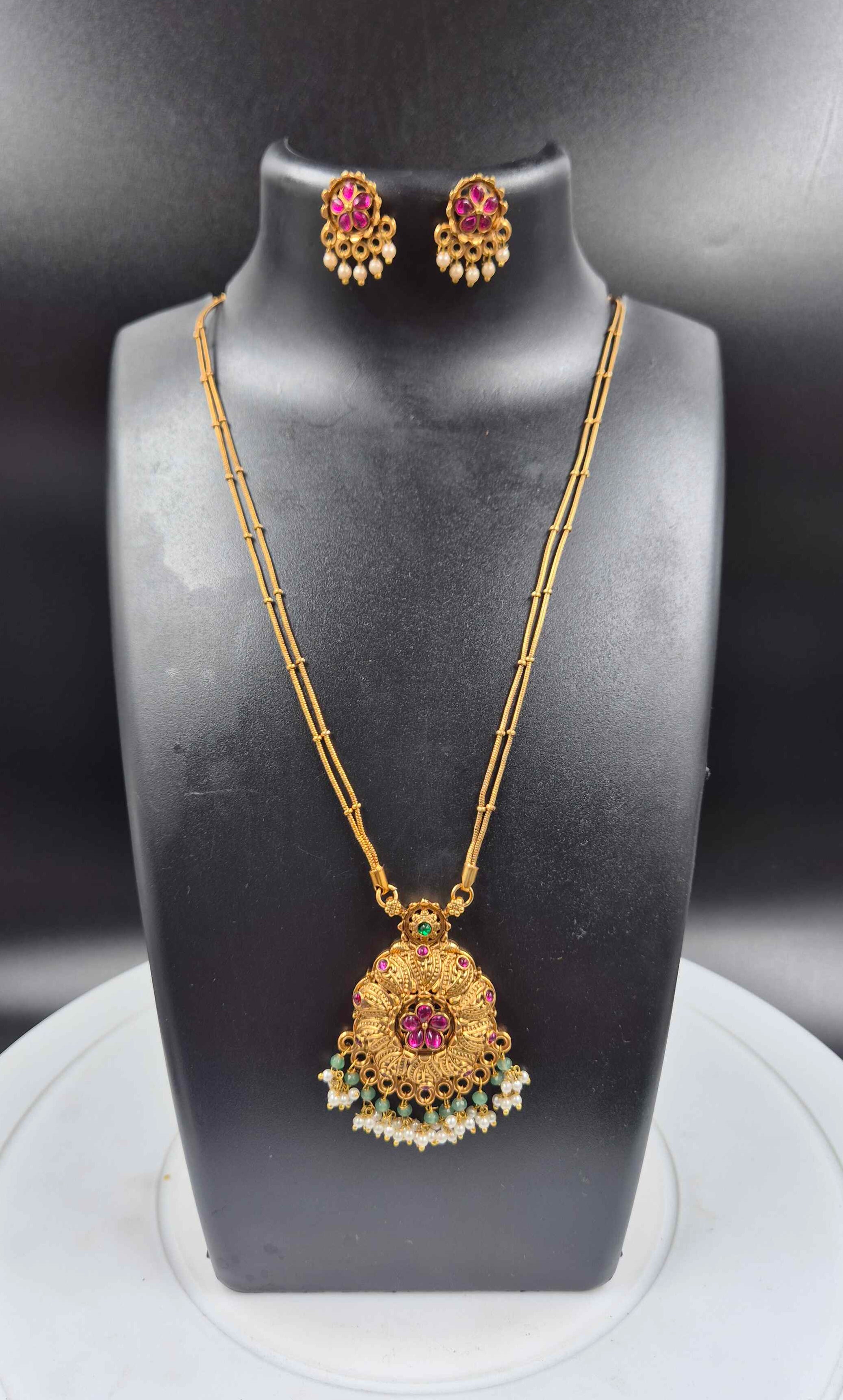 Antique Floral Temple Pendant  Set in double stranded chain with Pink Stones & Pearl Drops