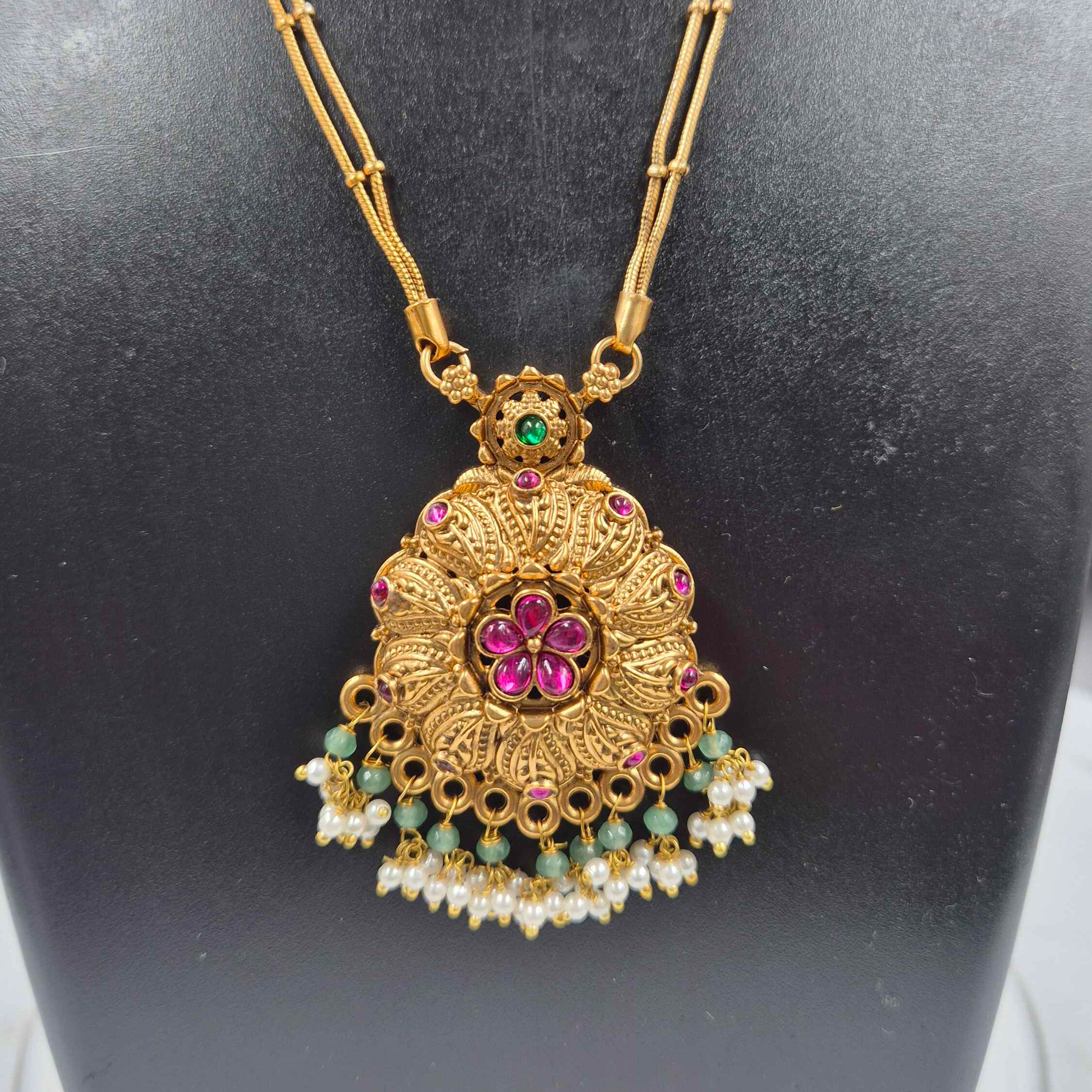 Antique Floral Temple Pendant  Set in double stranded chain with Pink Stones & Pearl Drops
