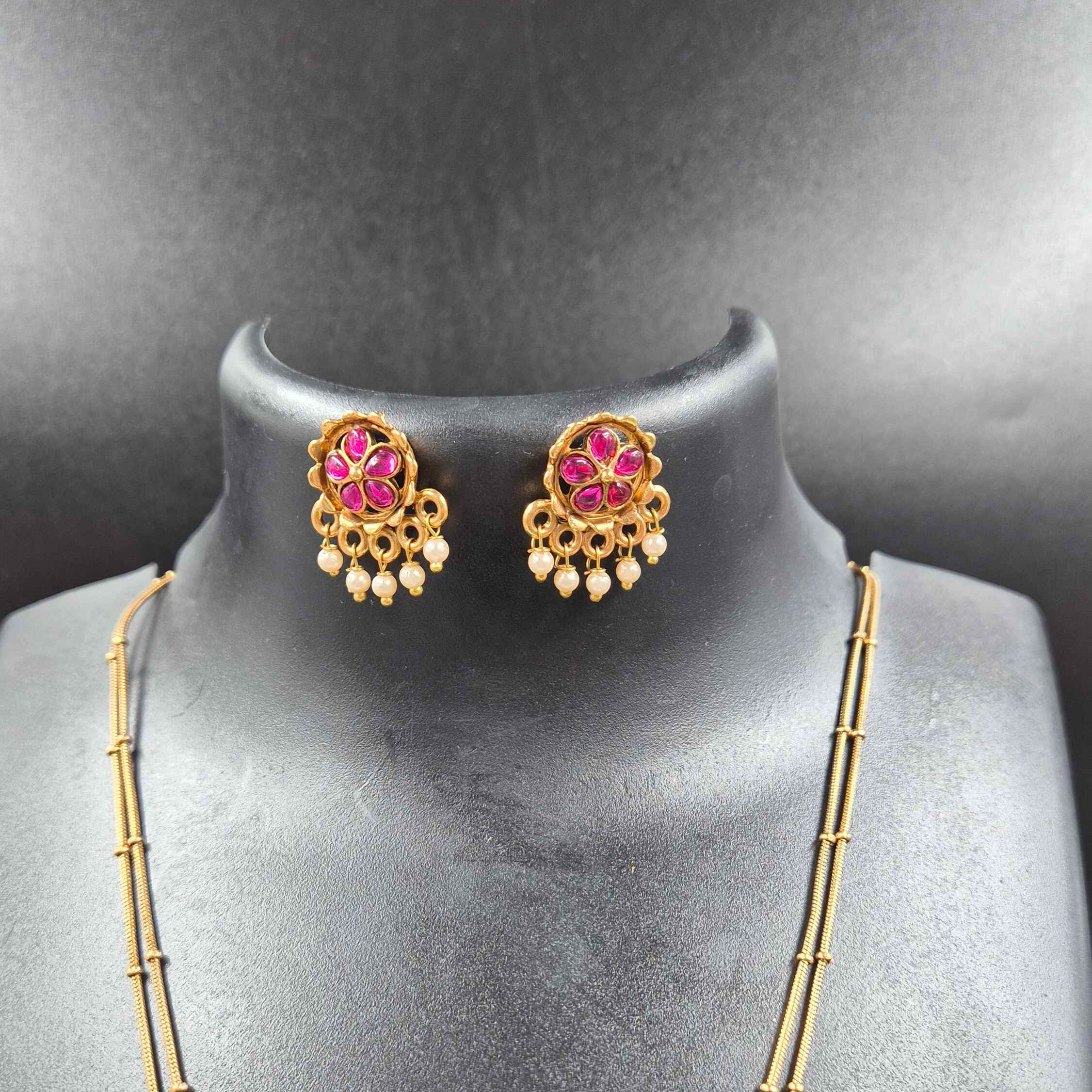 Antique Floral Temple Pendant  Set in double stranded chain with Pink Stones & Pearl Drops