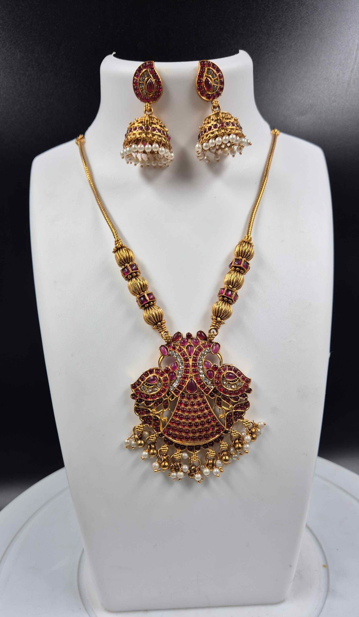 Traditional Ruby Tone garuda pendant with Pearl Jhumkas