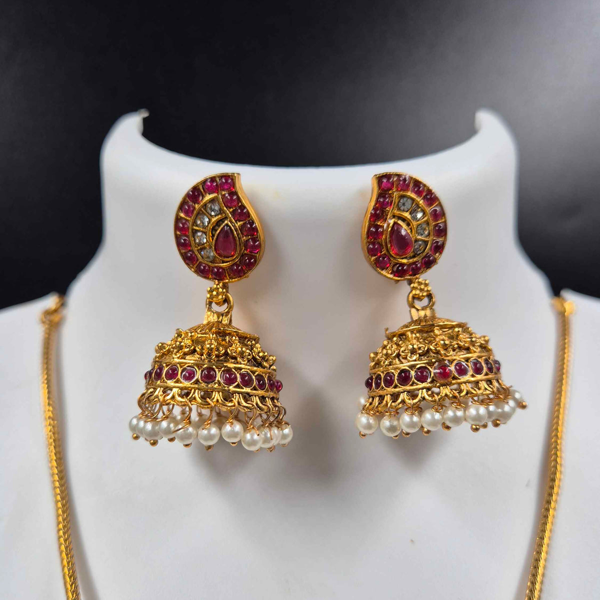 Traditional Ruby Tone garuda pendant with Pearl Jhumkas