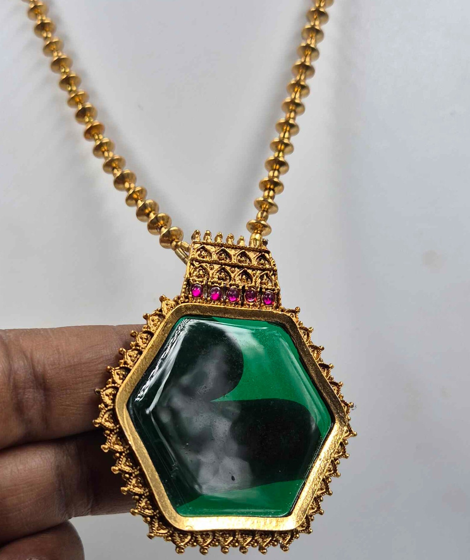 Green Hexagon Stone Necklace Set with Matching Earrings