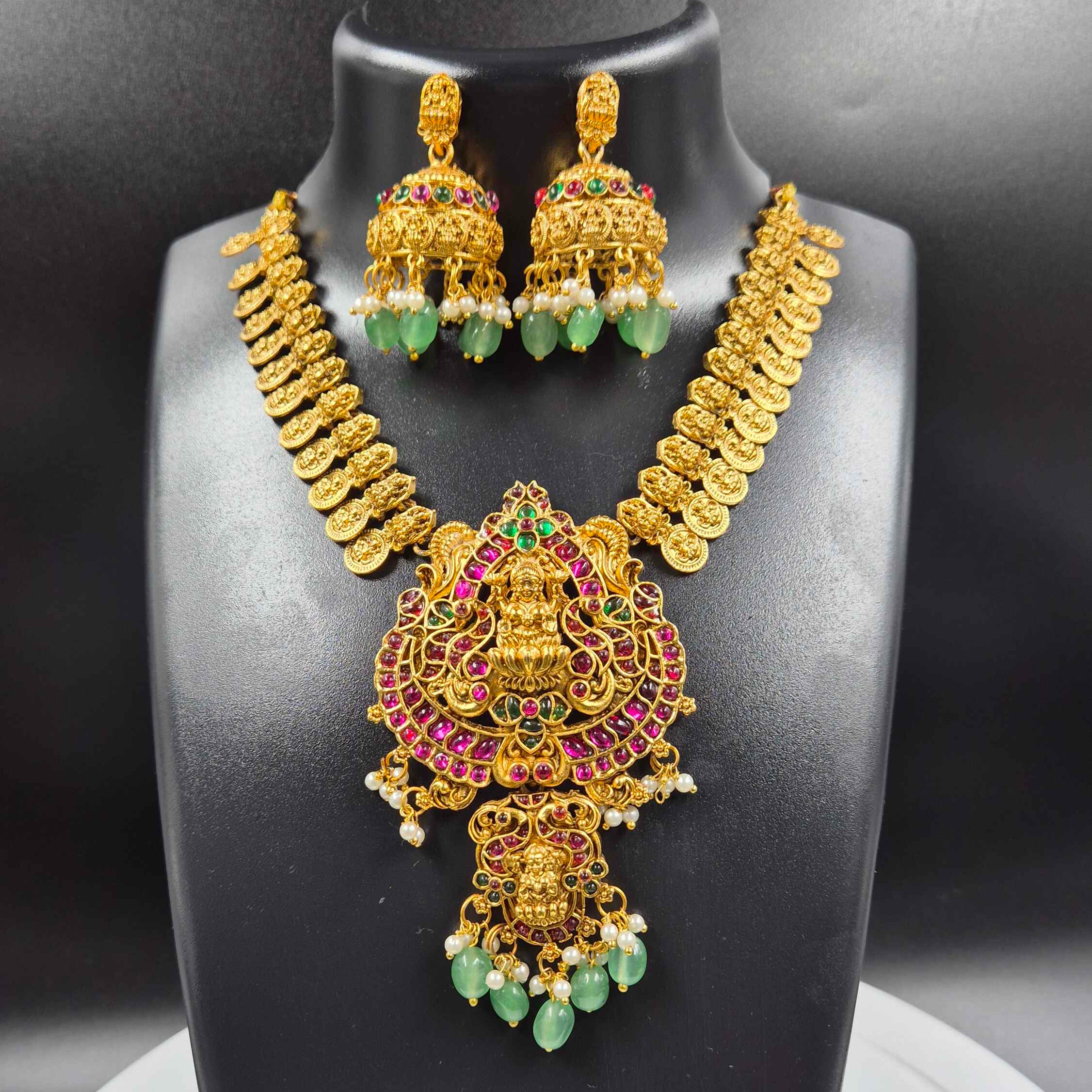 Lakshmi Temple Necklace Set with Ruby, Green Stones & Pearls