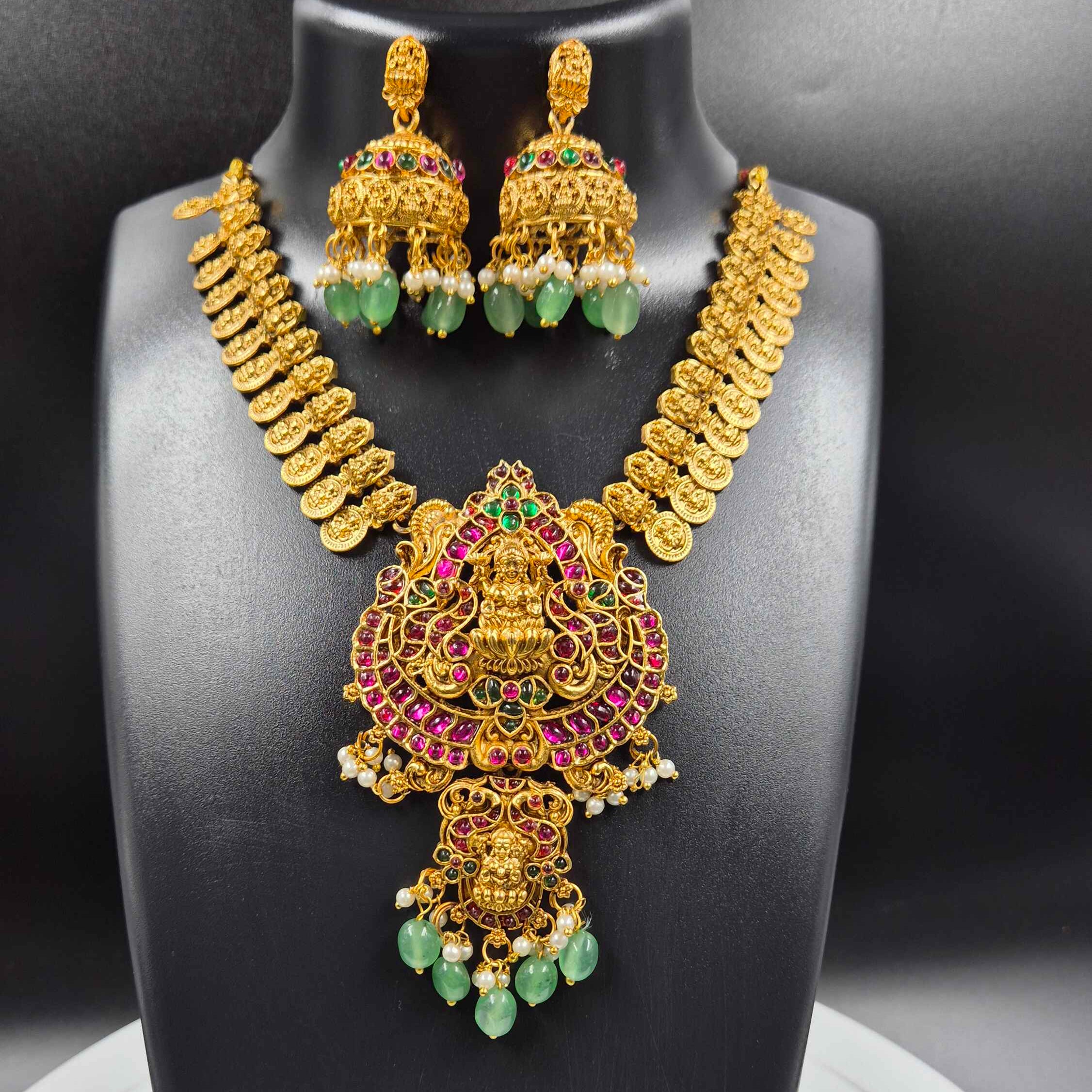 Lakshmi Temple Necklace Set with Ruby, Green Stones & Pearls