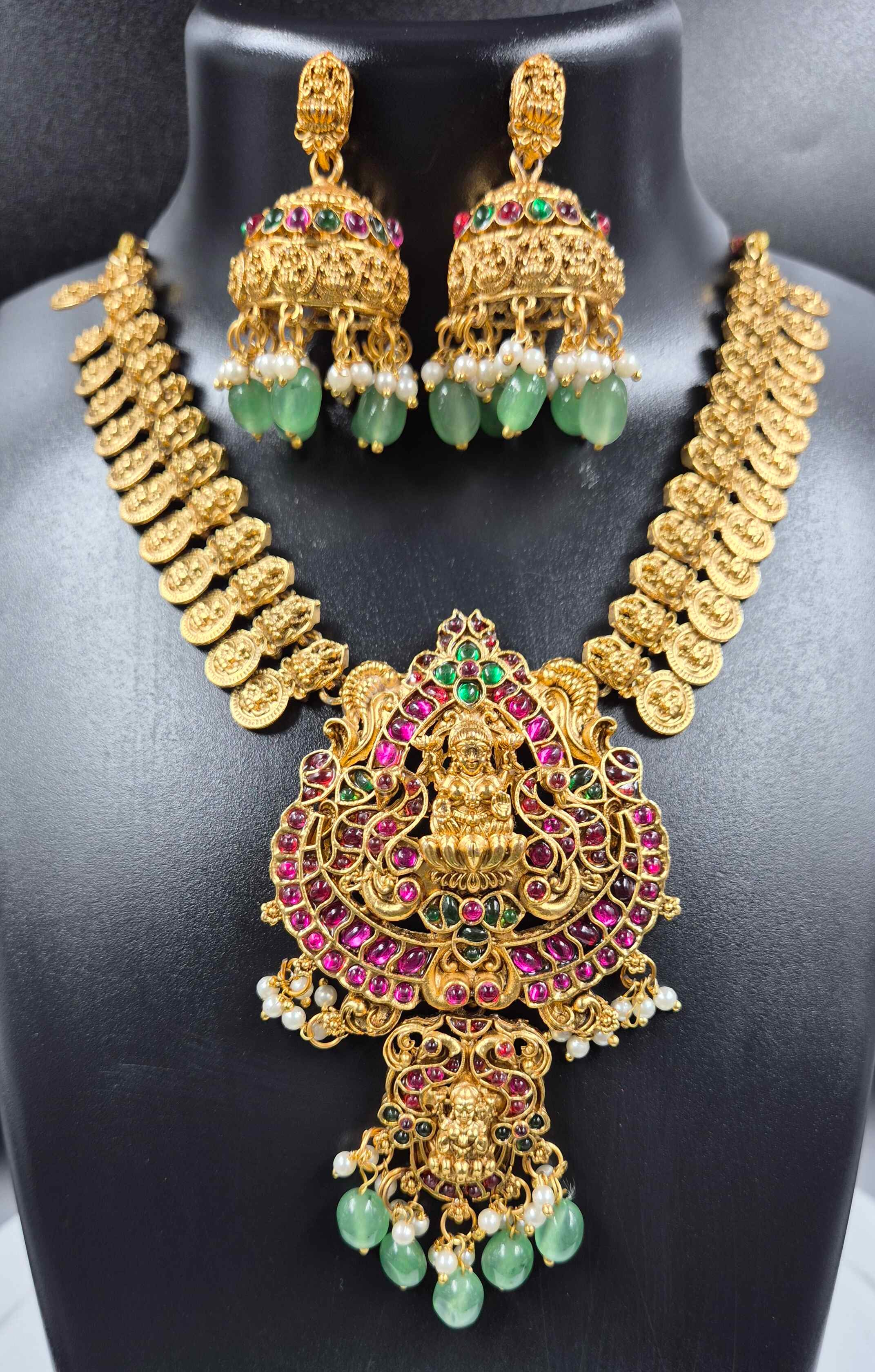 Lakshmi Temple Necklace Set with Ruby, Green Stones & Pearls