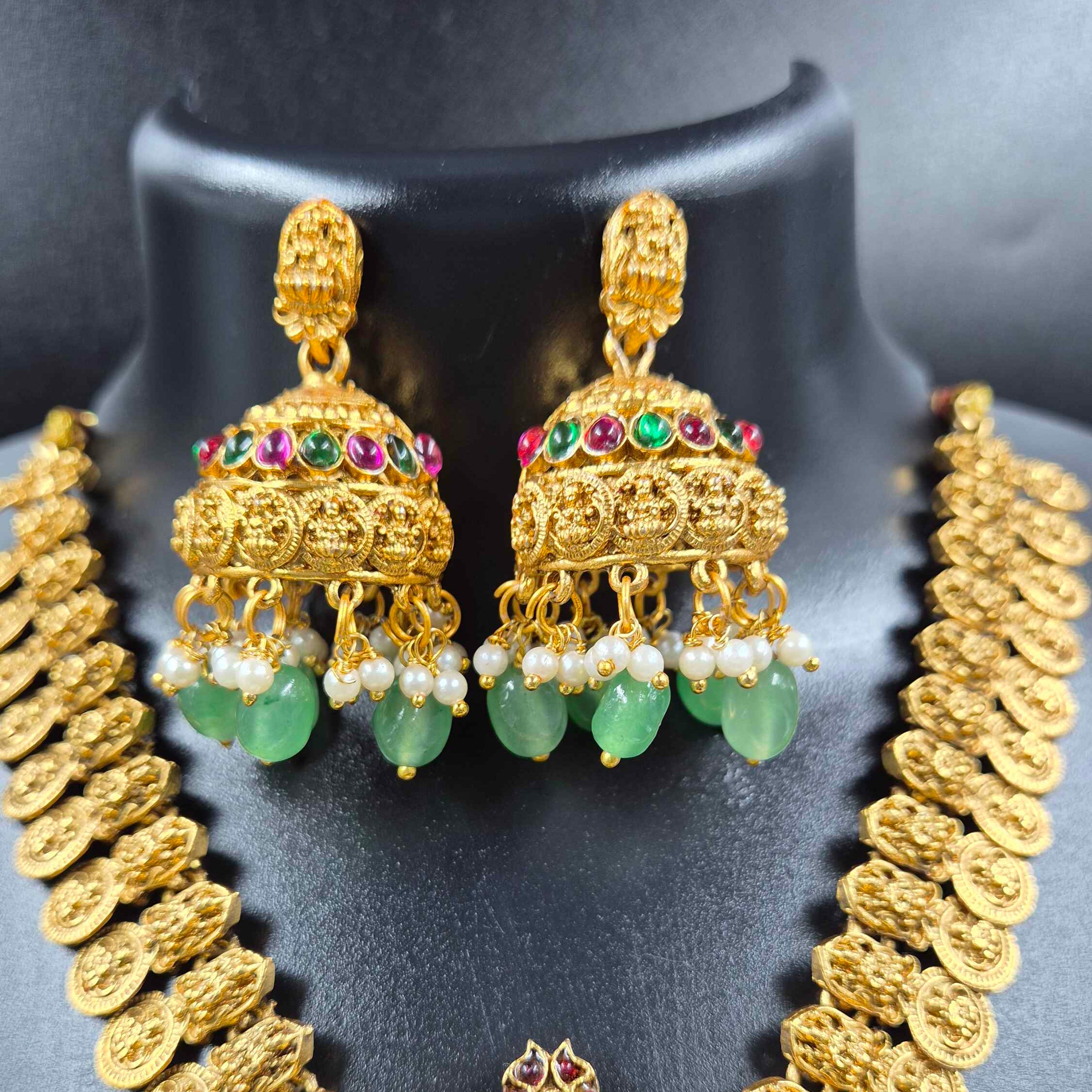 Lakshmi Temple Necklace Set with Ruby, Green Stones & Pearls