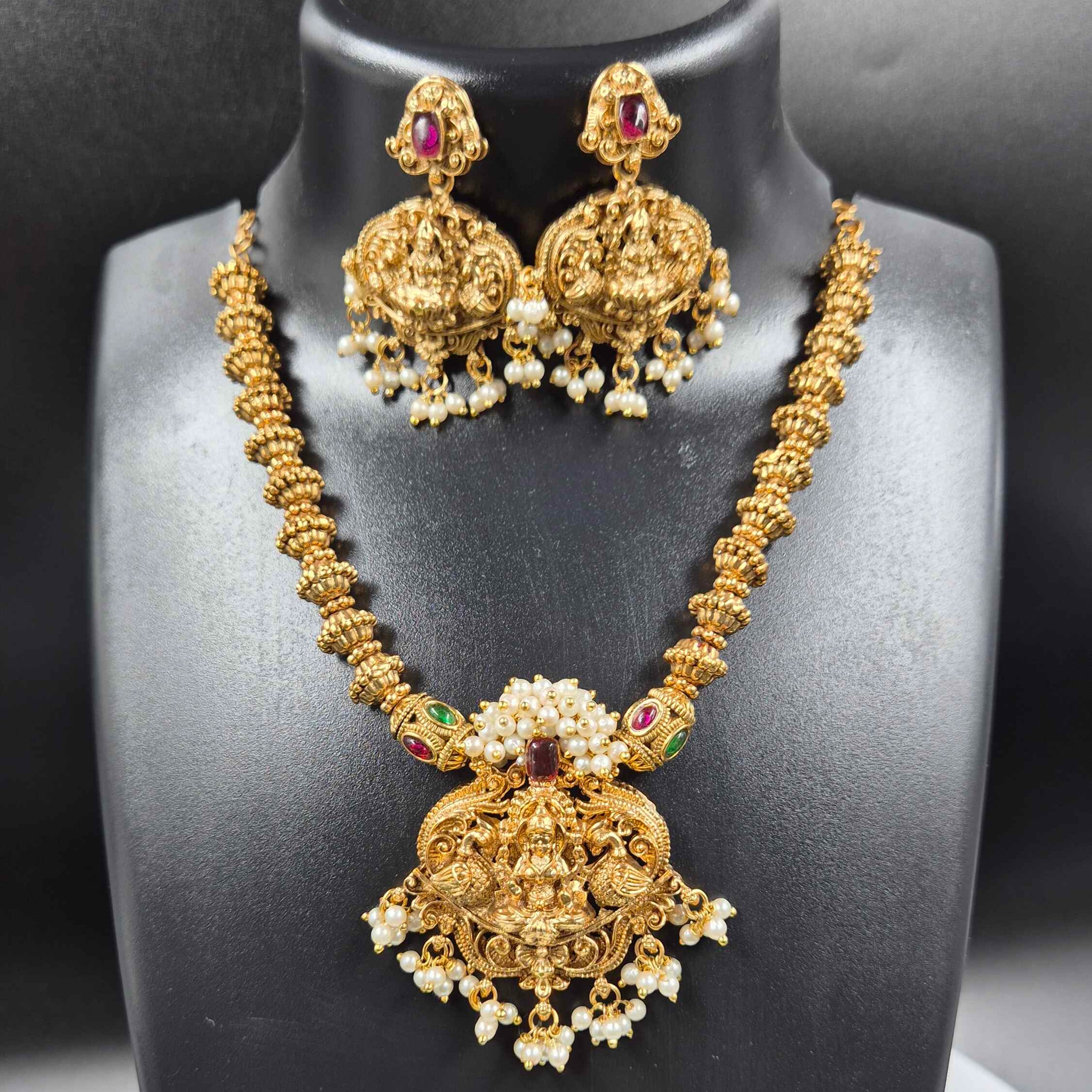 Lakshmi Pendant Temple Necklace Set with Pearl Jhumka Earrings