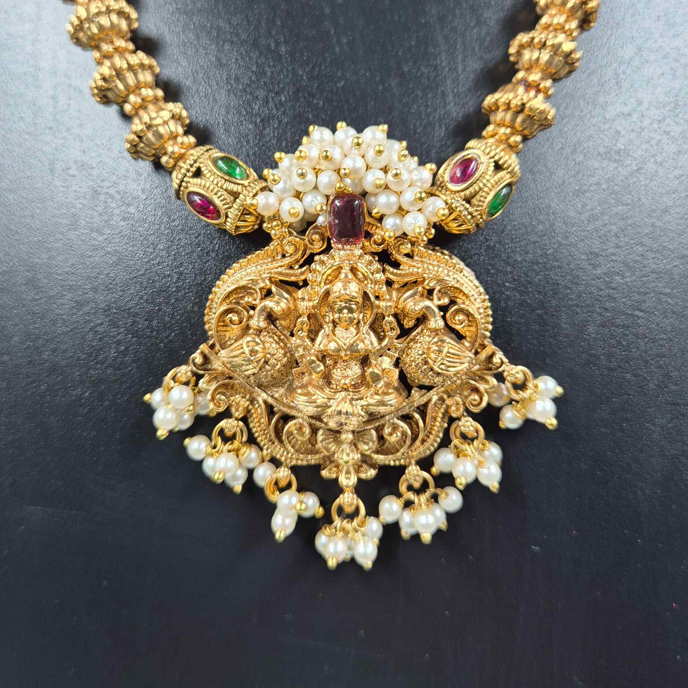 Lakshmi Pendant Temple Necklace Set with Pearl Jhumka Earrings