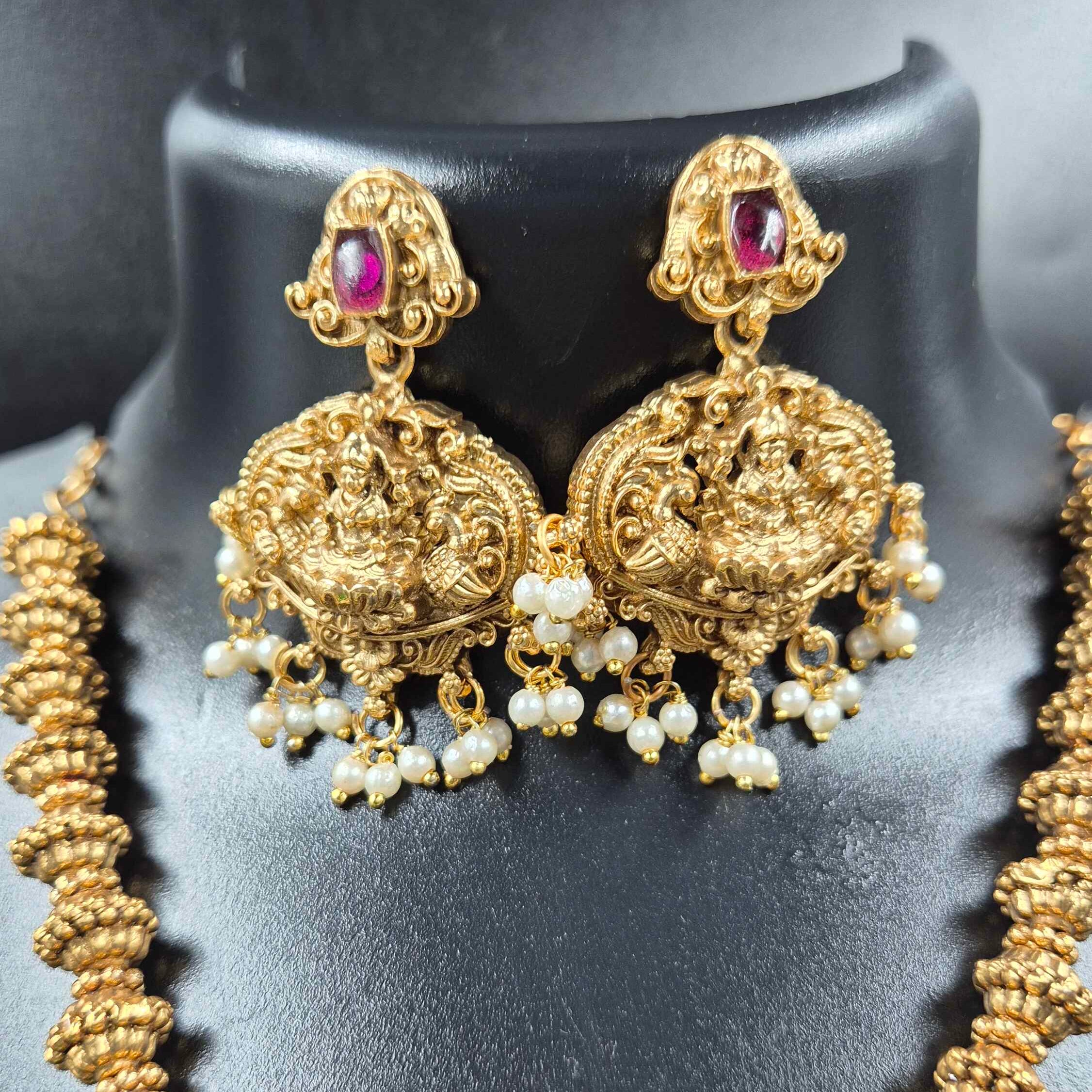 Lakshmi Pendant Temple Necklace Set with Pearl Jhumka Earrings